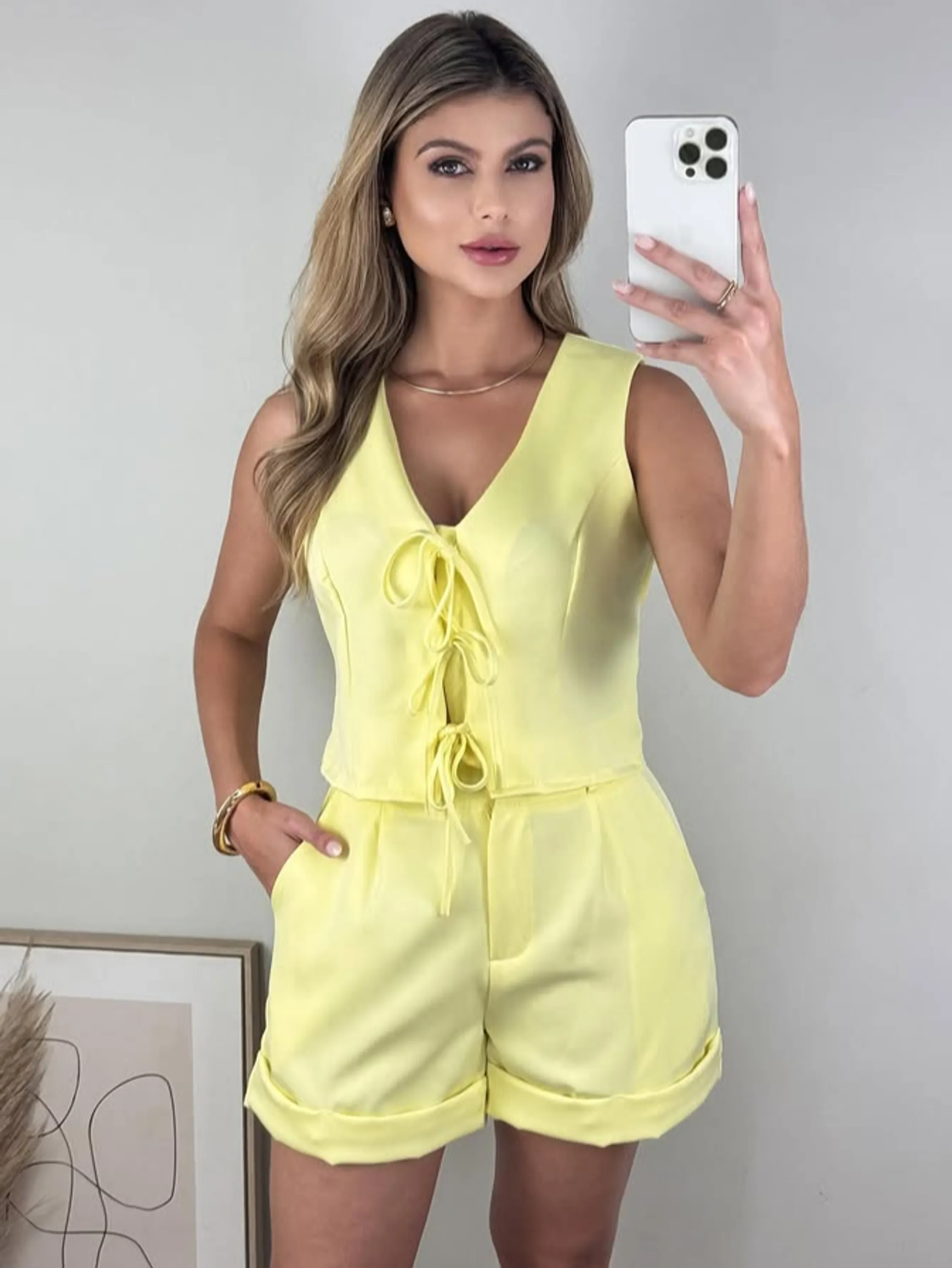 Conjunto Feminino Colete Amarração Short Alfaiataria ⭐
