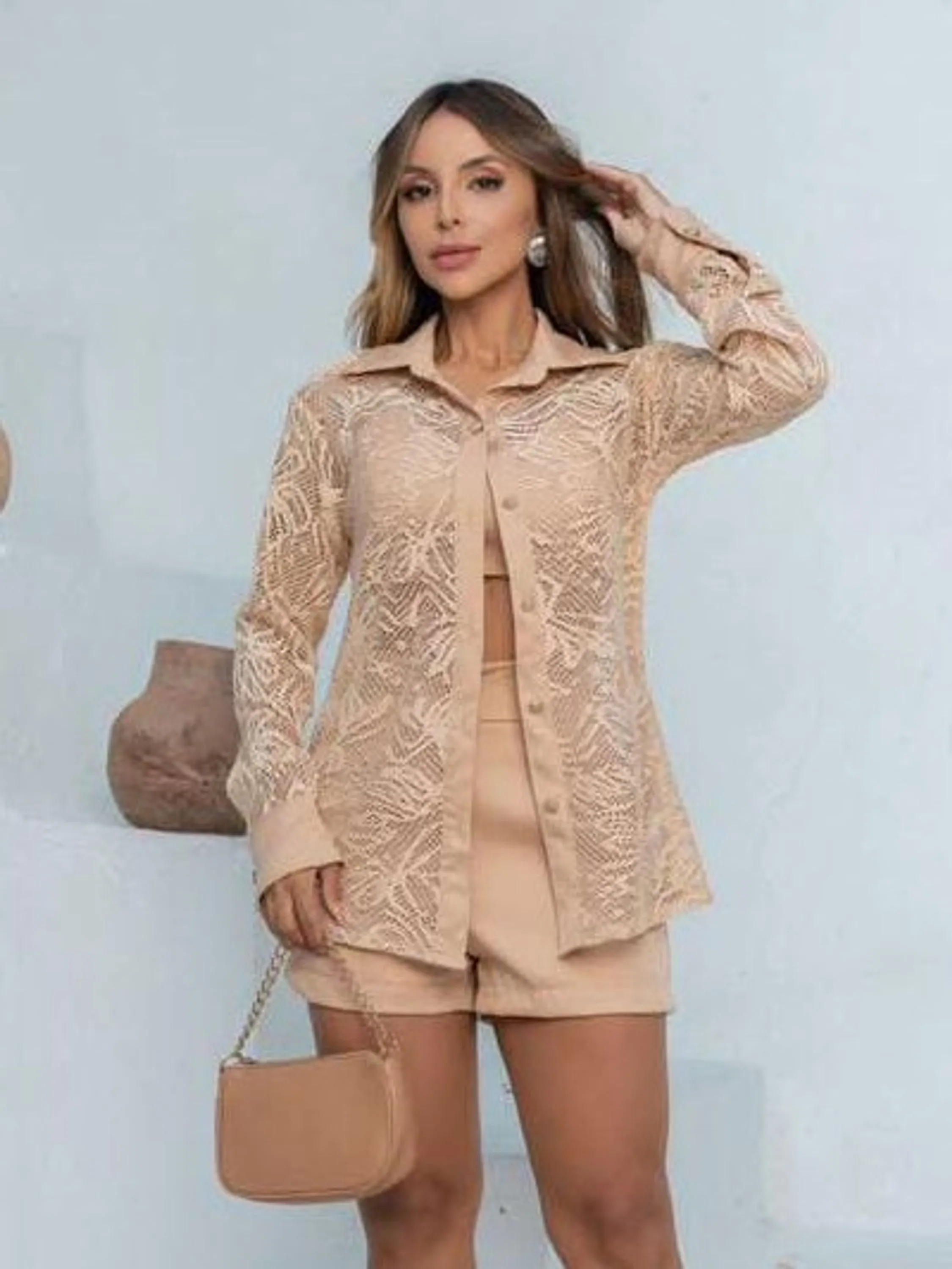 Conjunto Feminino 3 peças Cropped + Short + Camisa ⭐
