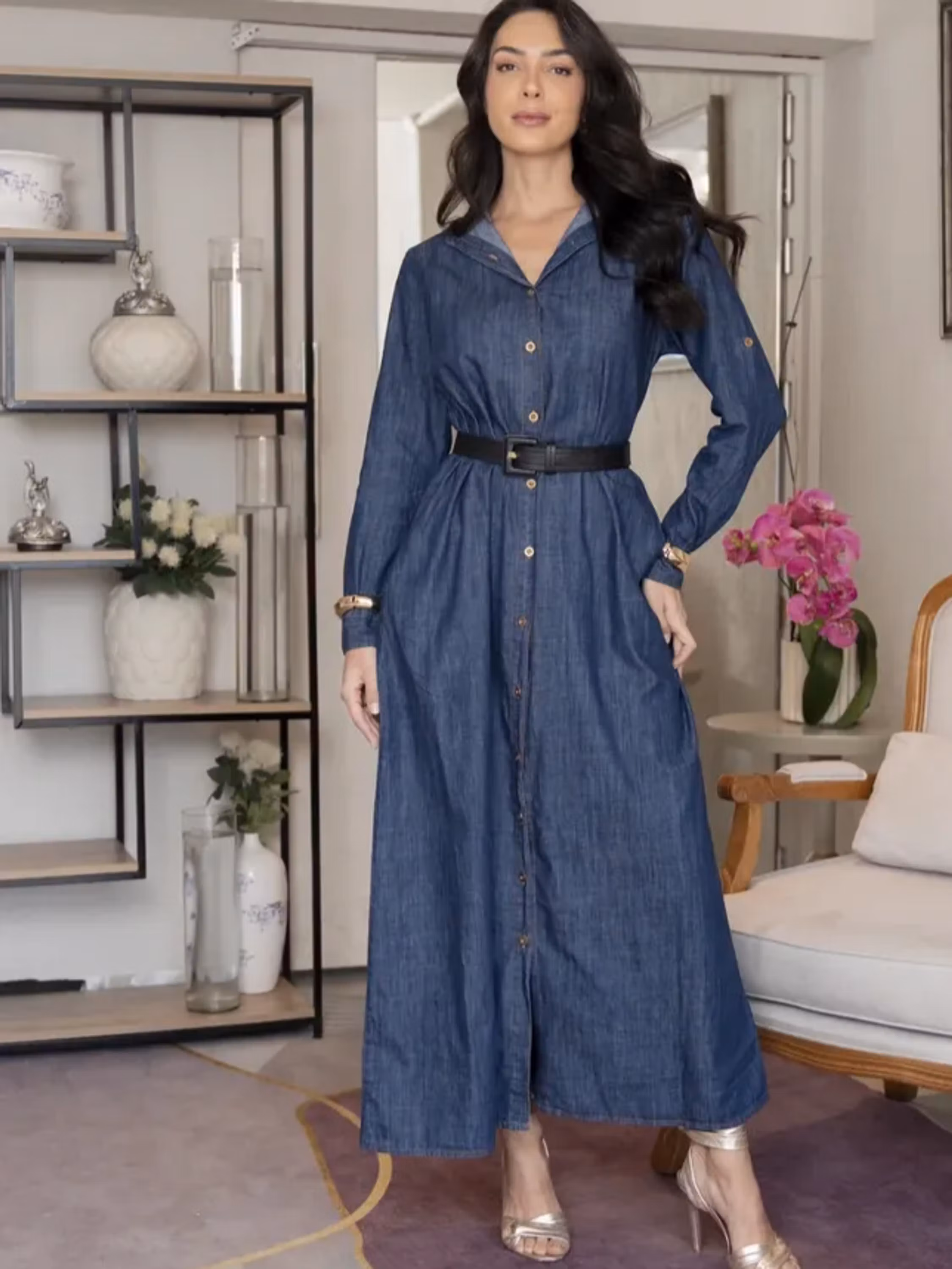 Vestido Longo Jeans Manga Longa ⭐