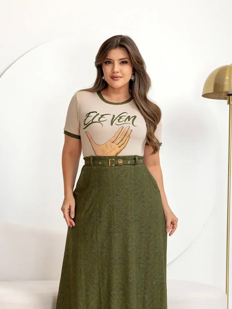 Conjunto Plus Size Feminino Evangélico Ele Vem
