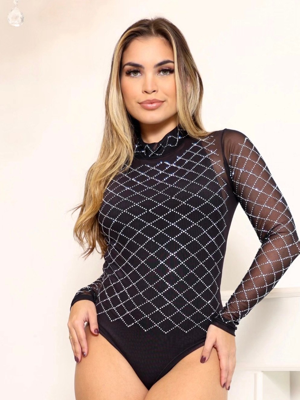 Body Feminino Manga Longa Gola Alta Strass