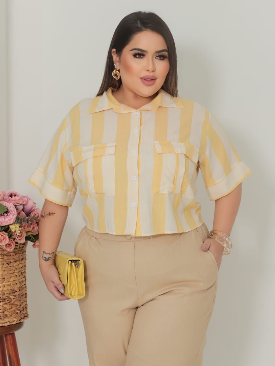 Camisa Feminina Plus Size Manga Curta Viscolinho ⭐