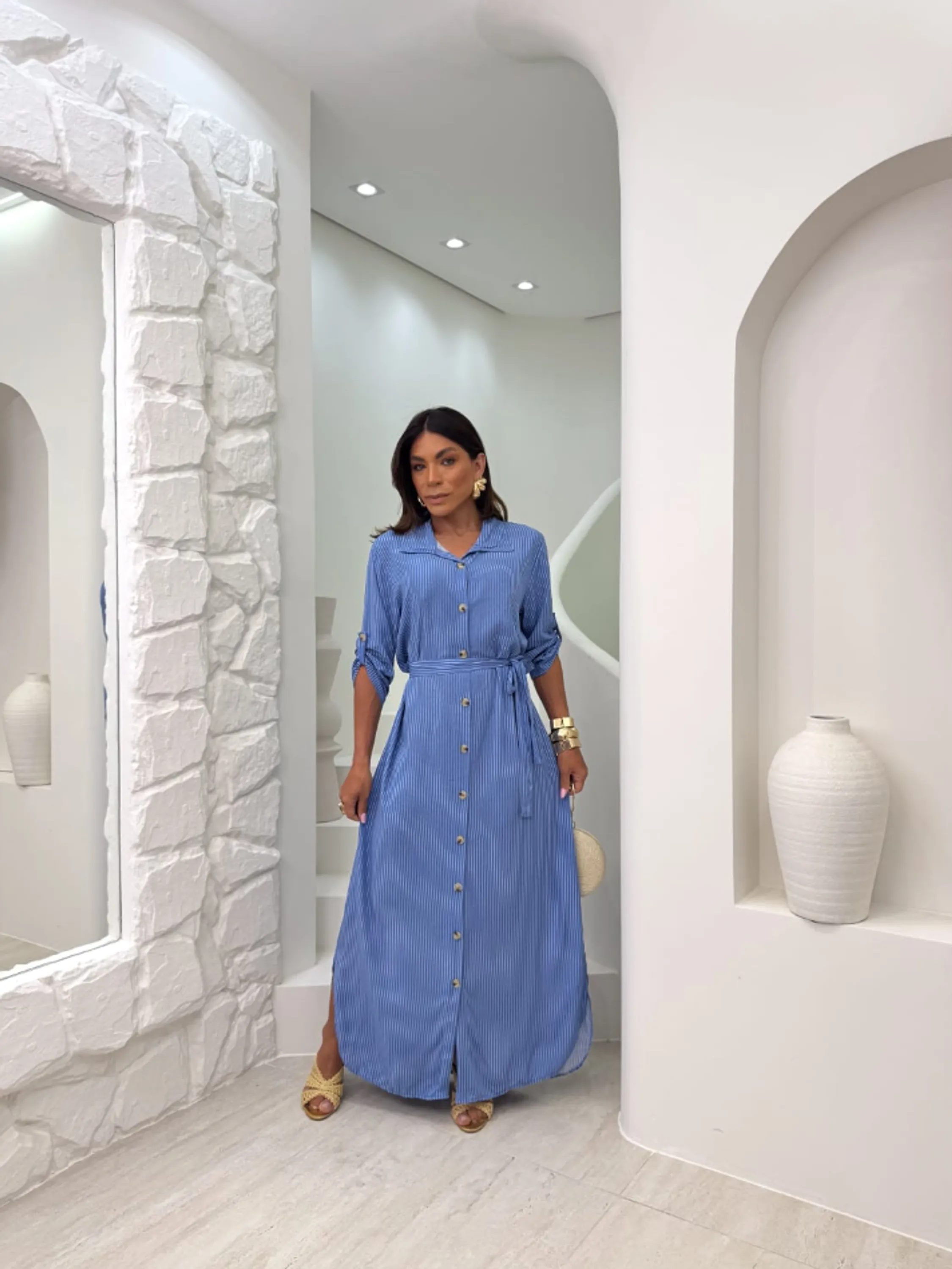 Chemise Longo Listrado em Viscolinho ⭐