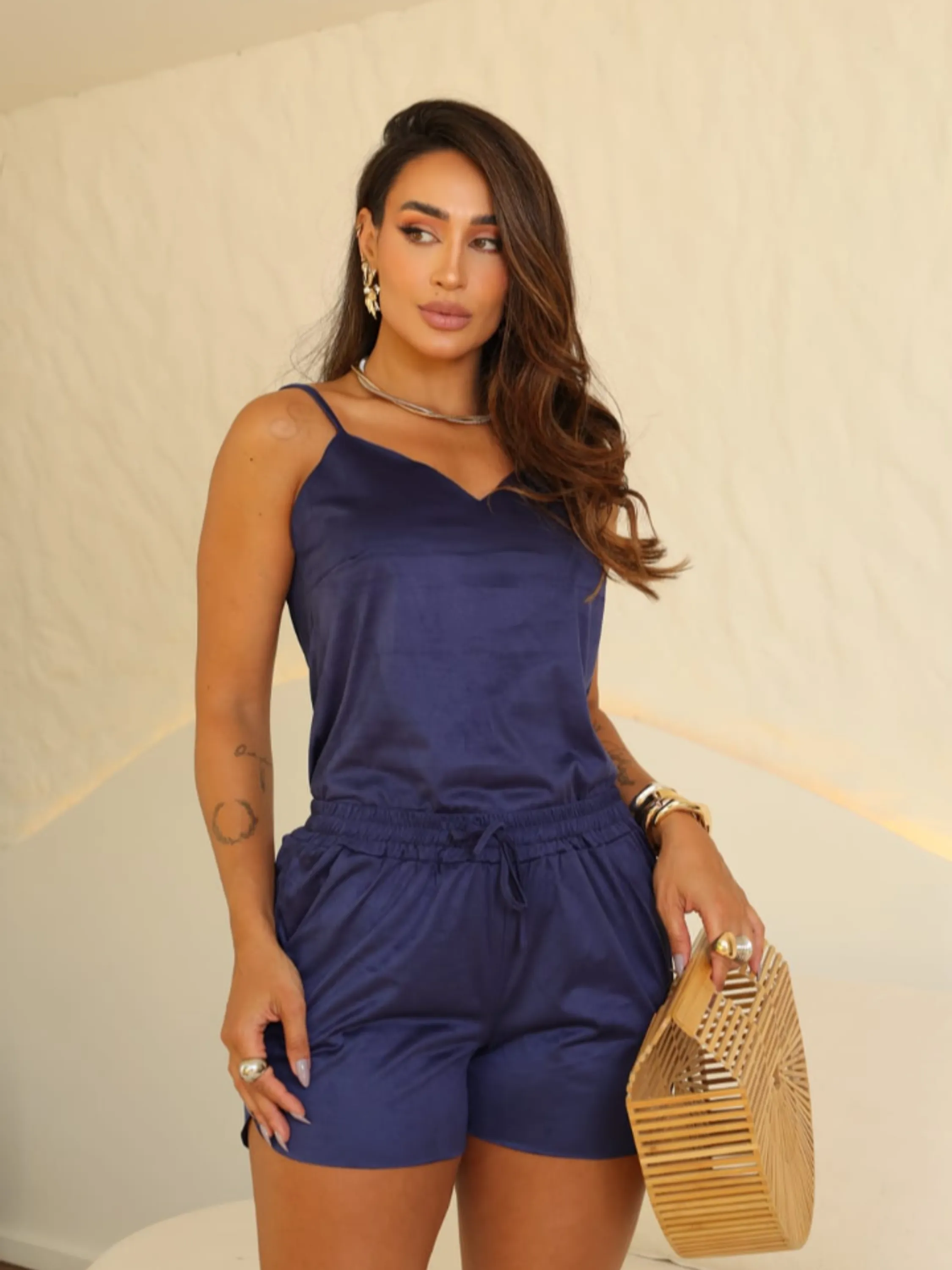 Conjunto Feminino Short e Blusinha de Alça Suede ⭐