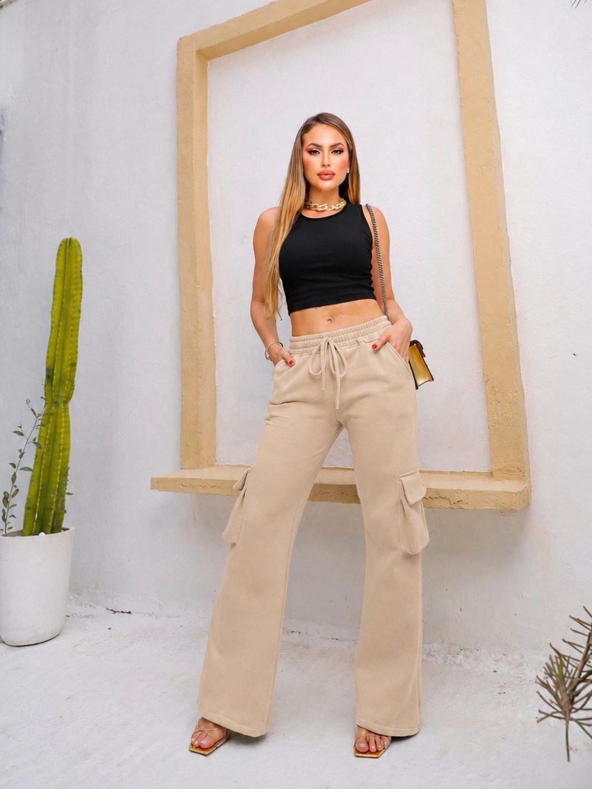 Calça Pantalona Feminina Moletom Cargo