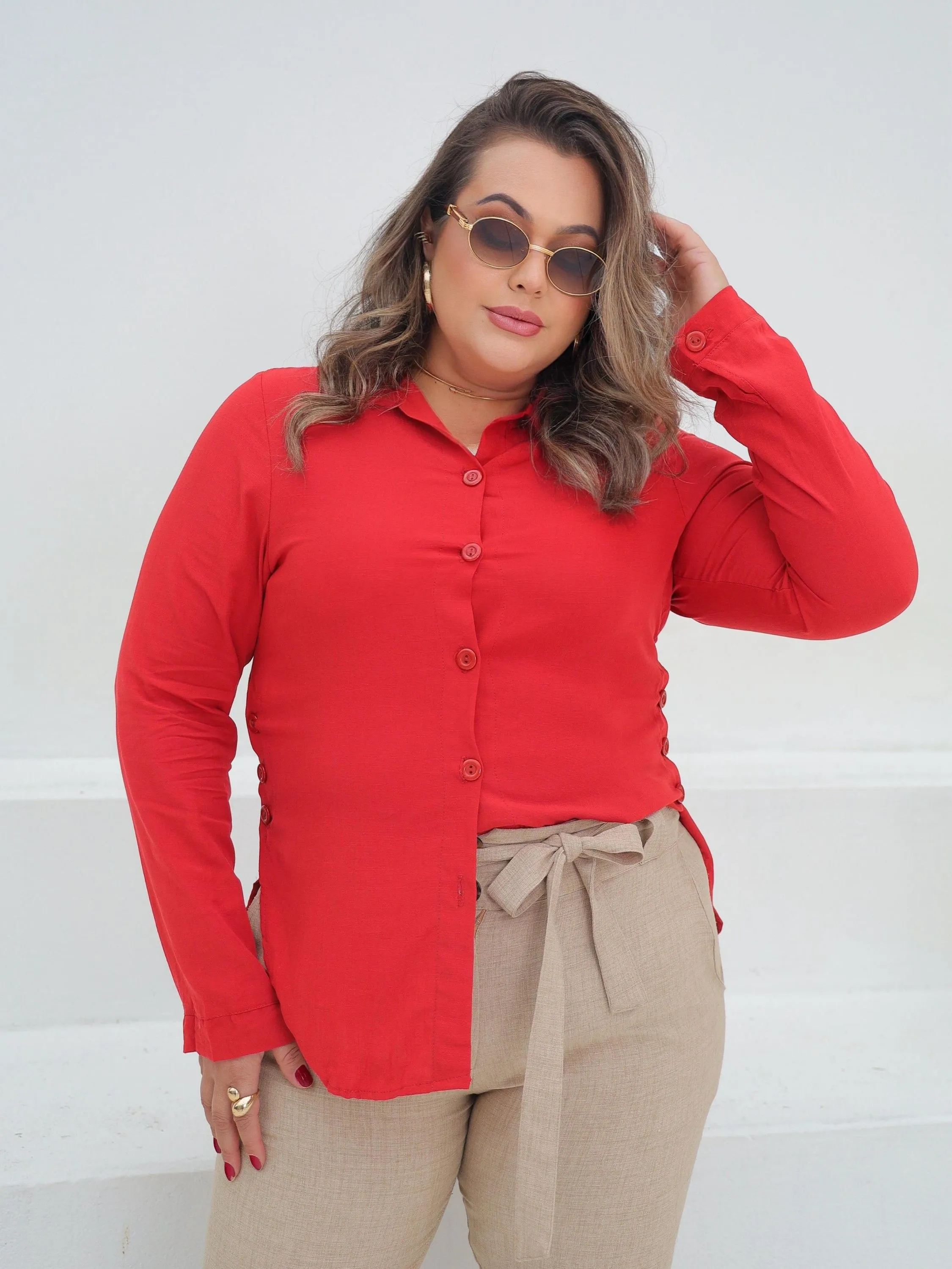 Camisa Social Feminina Plus Size Manga Longa ⭐