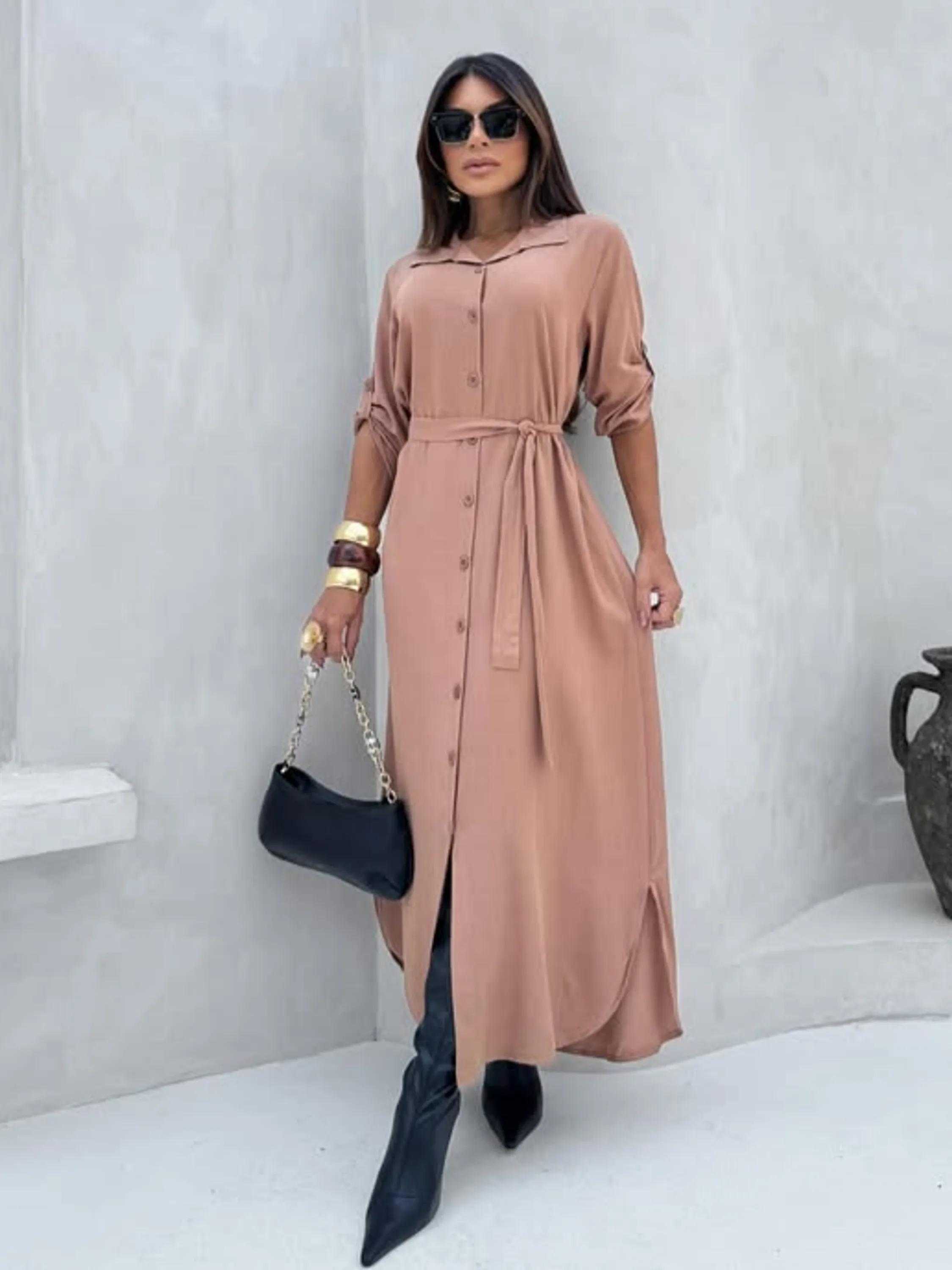 Vestido Chemise Longo Manga 3/4 ⭐