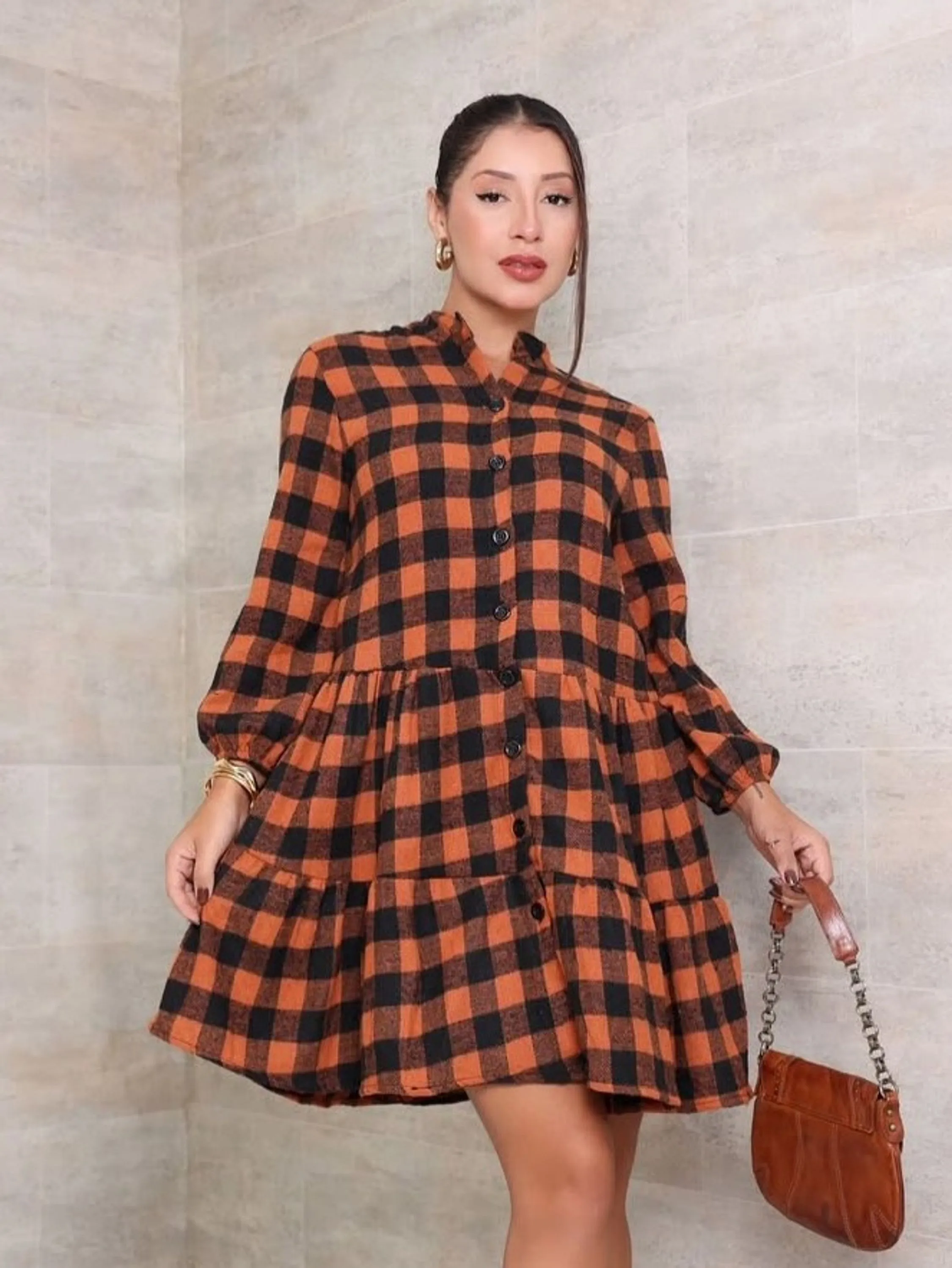 Vestido Feminino Xadrez Mana Longa Flanelado ⭐⭐