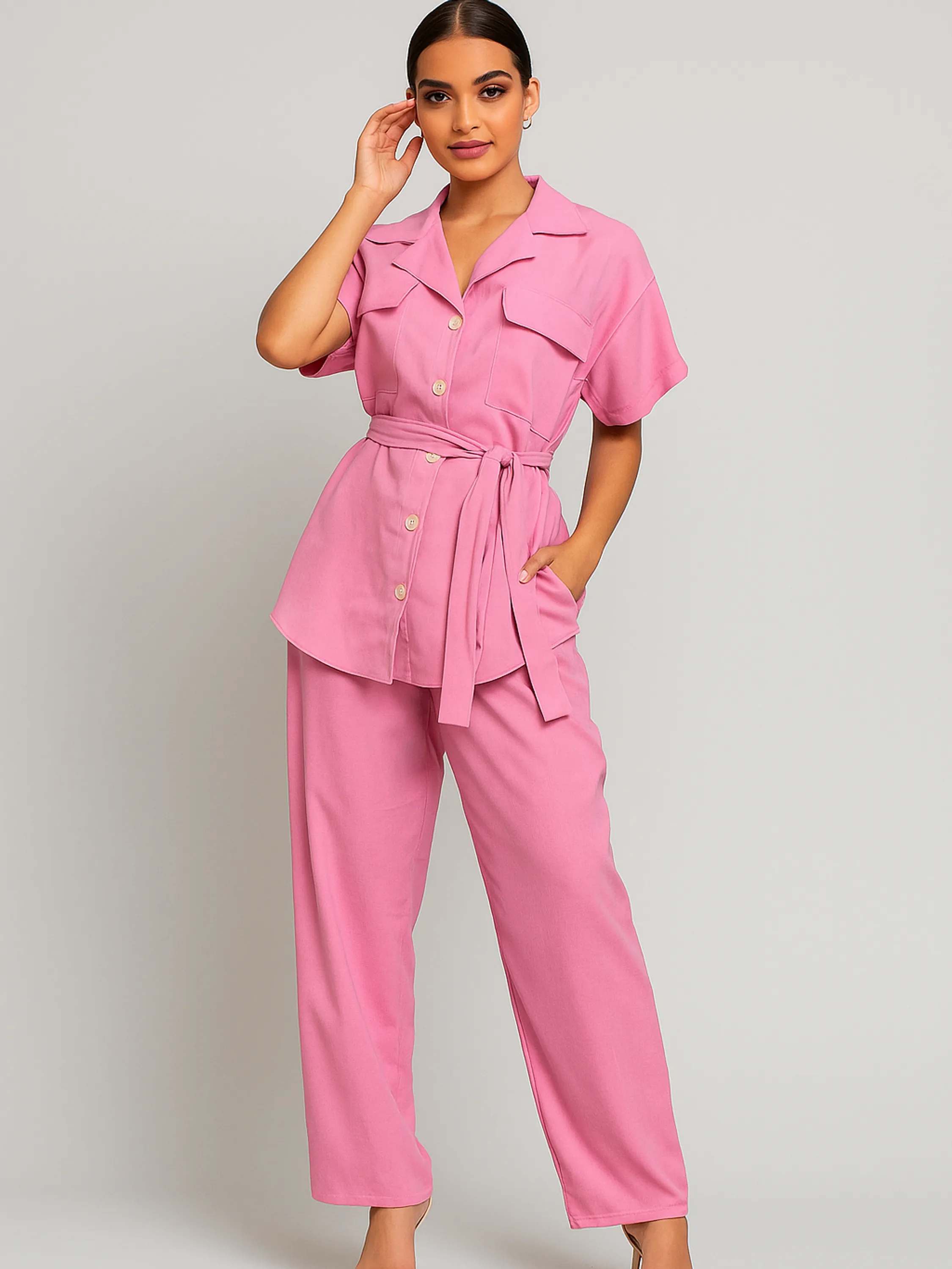 Conjunto Feminino Linho Camisa Manga Curta e Calça ⭐