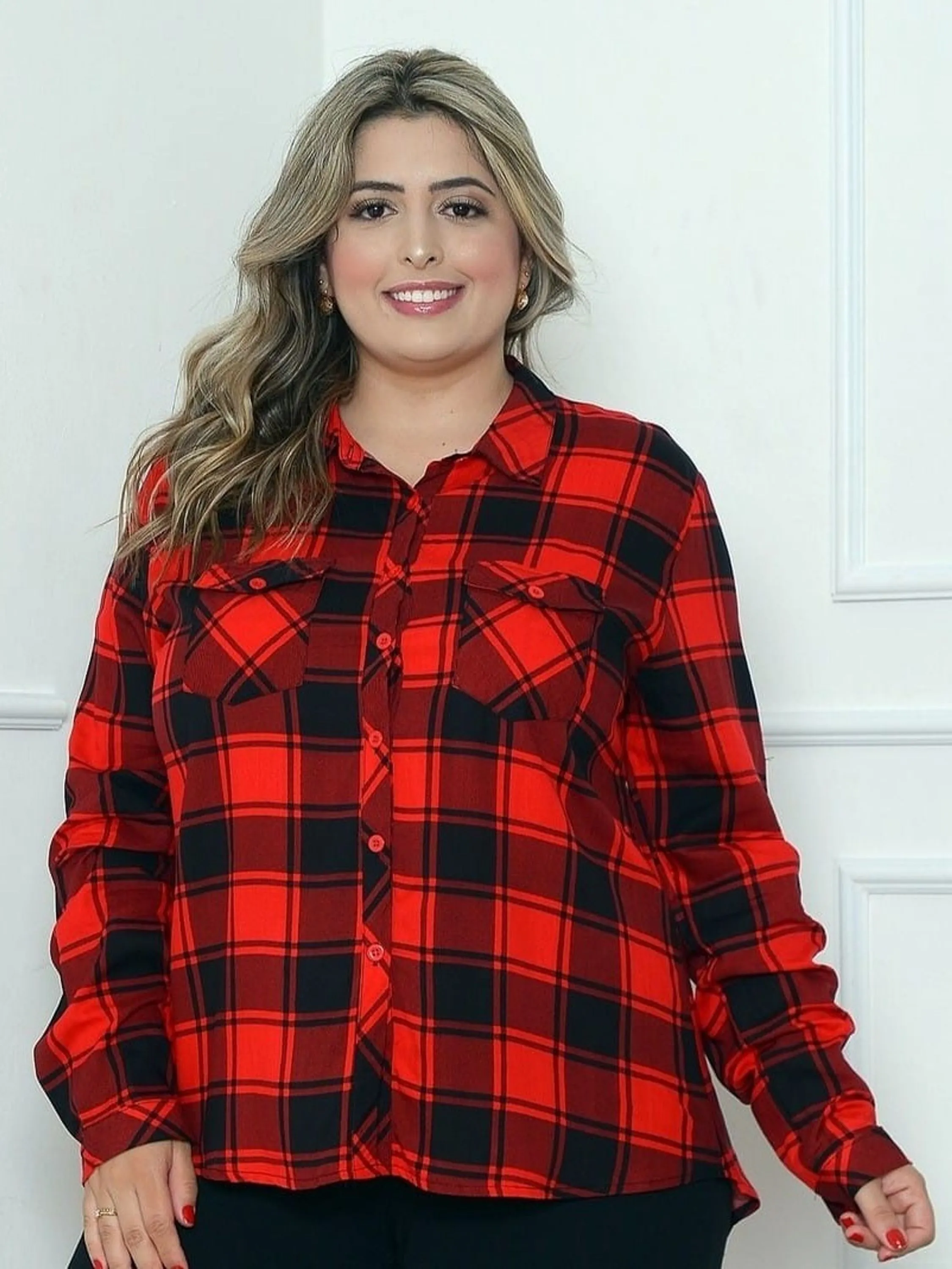 Camisa Xadrez Viscose Plus Size Social Manga Longa Gola