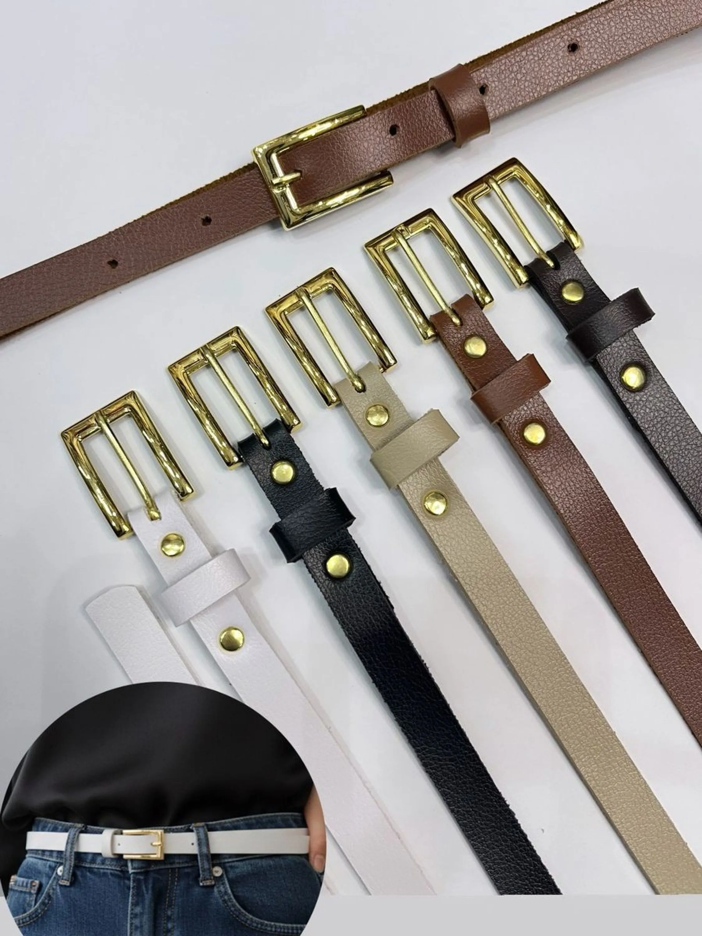 Cinto com Fivela Retangular Dourado Feminino ⭐