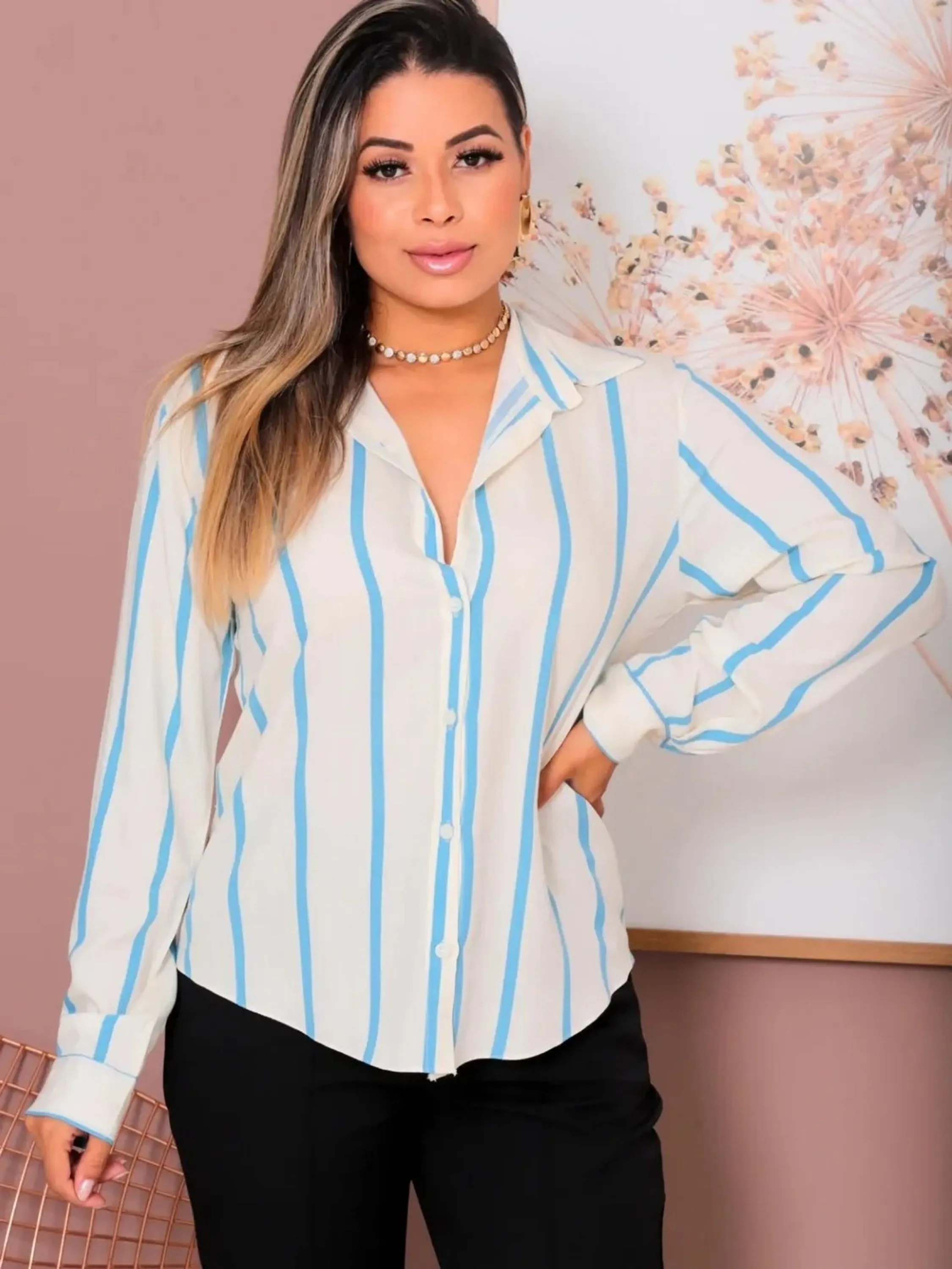 Camisa Manga Longa Feminina Viscolinho Listras ⭐