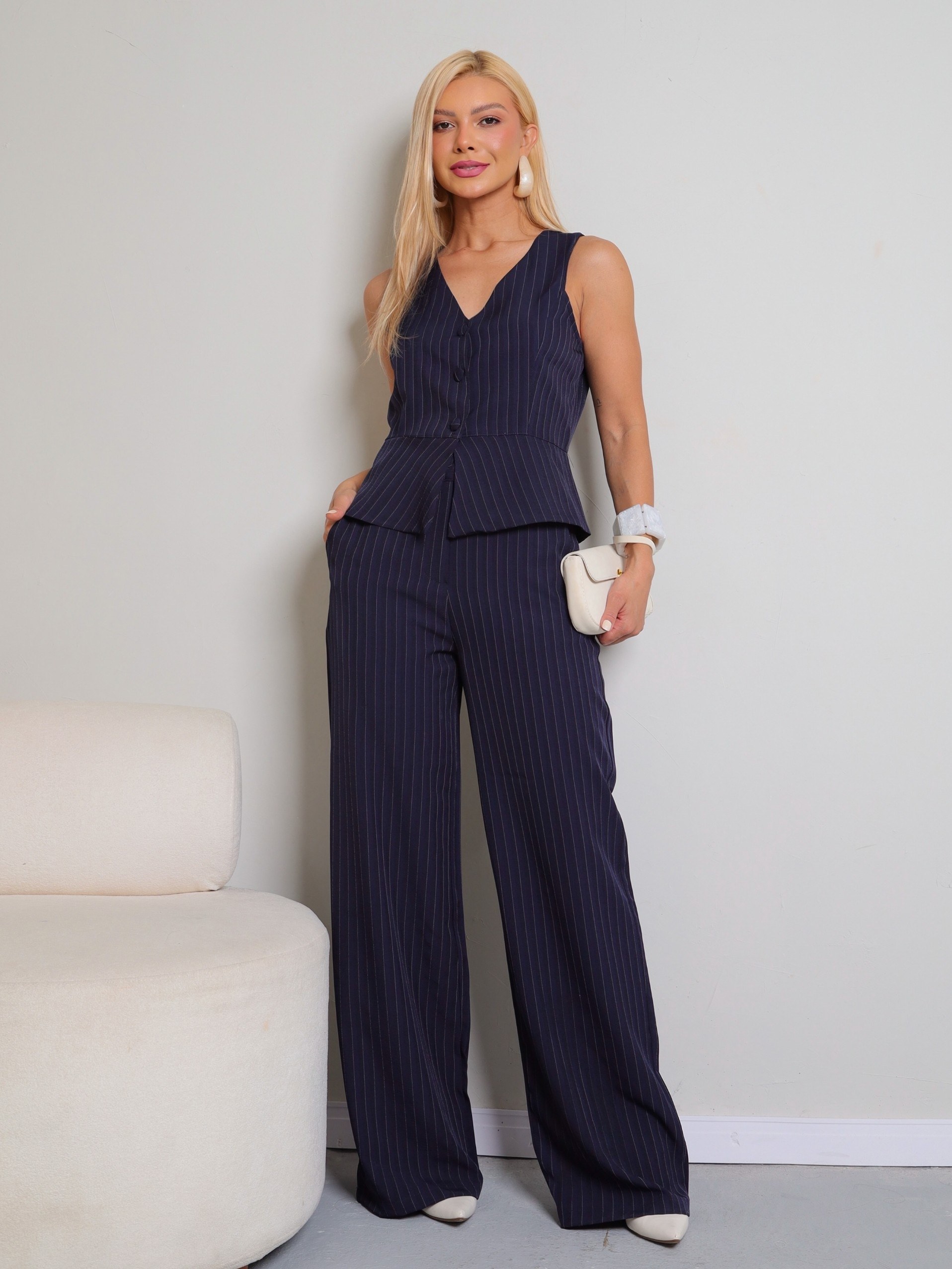 Conjunto Feminino Social Elegante Listras ⭐