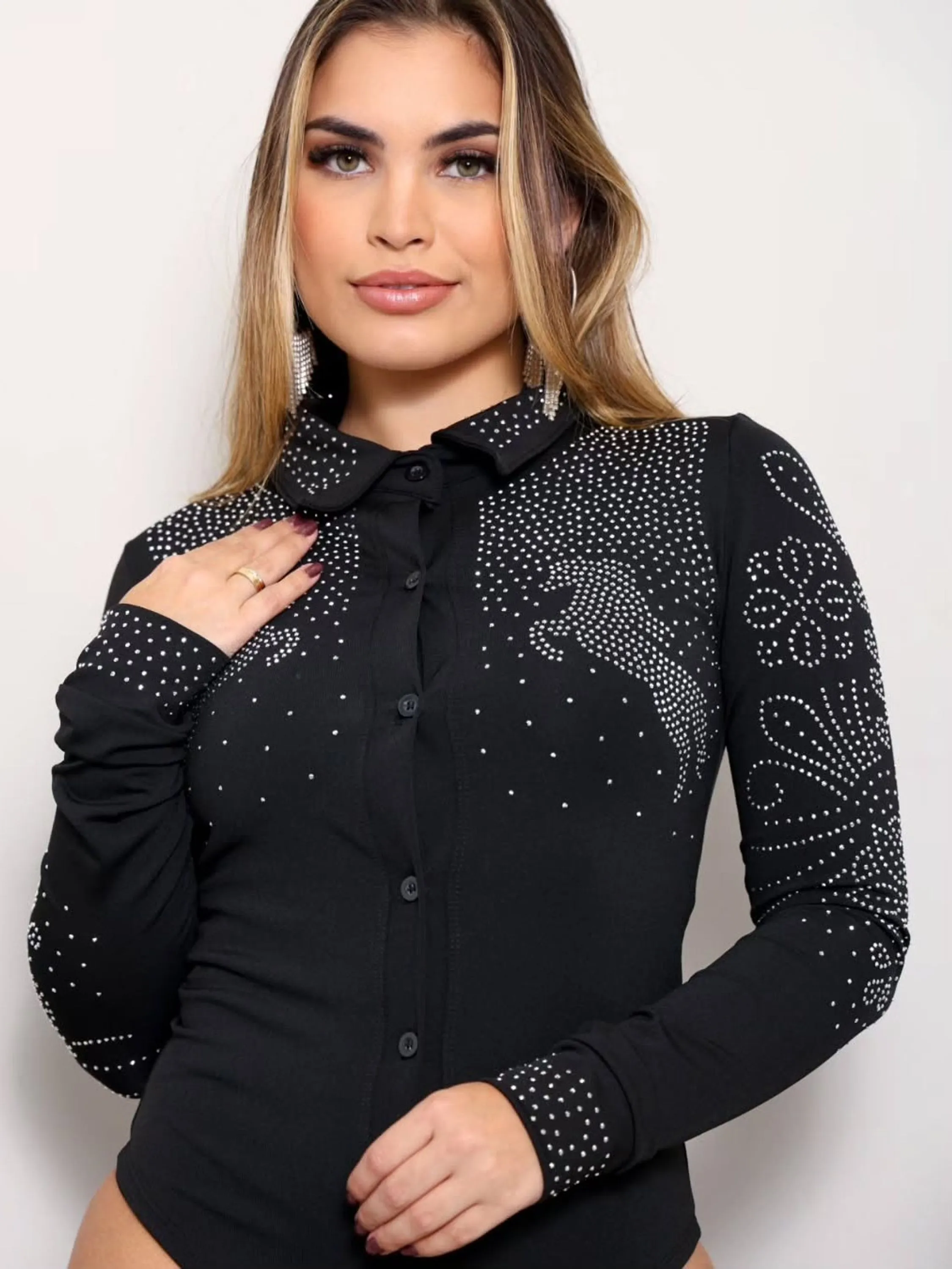 Body Feminino Country Manga Longa com Pedraria ⭐