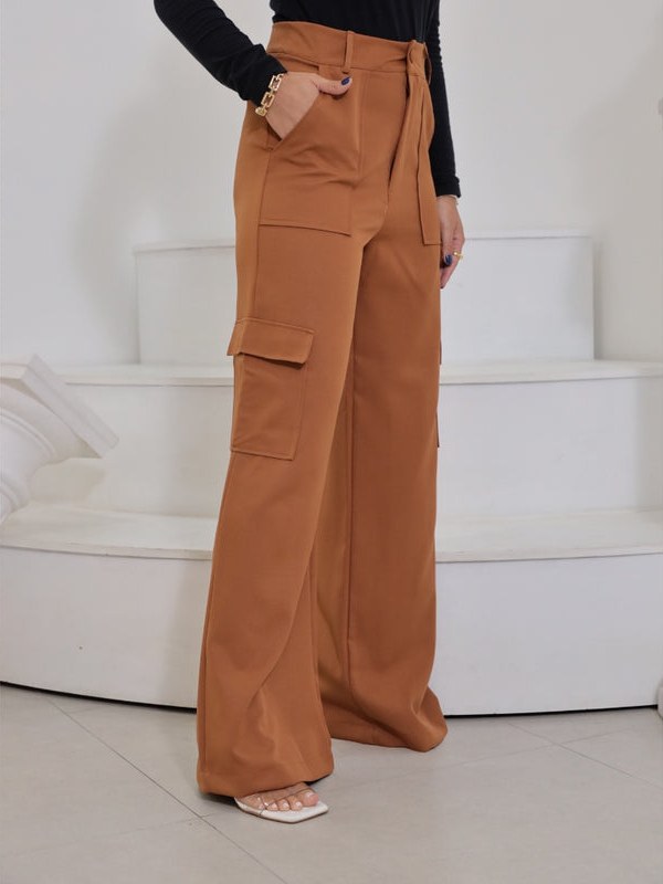 Calça Pantalona Alfaiataria Cargo Com Bolso Lateral