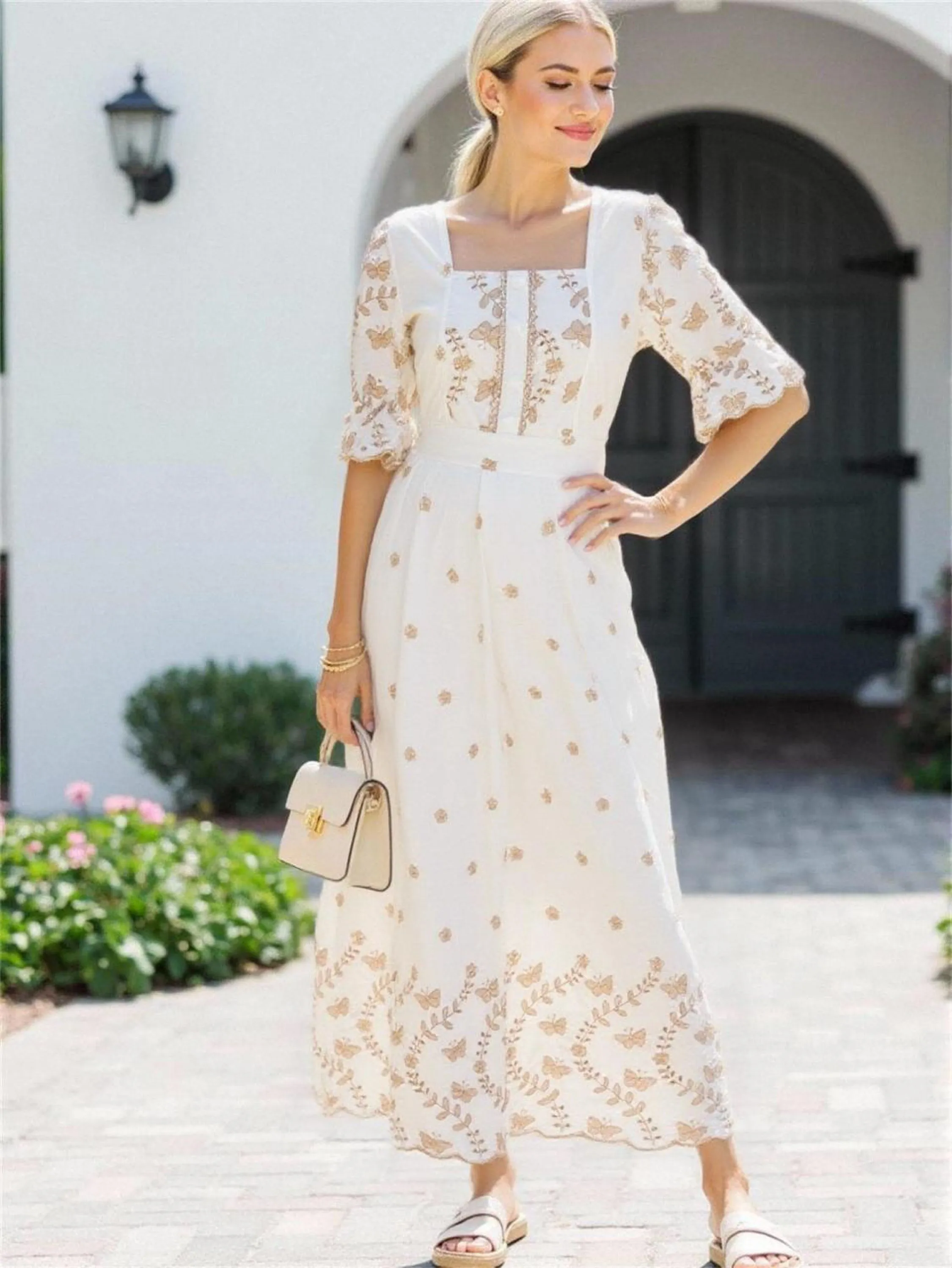 Vestido longo com manga tecido bordado veste até o GG