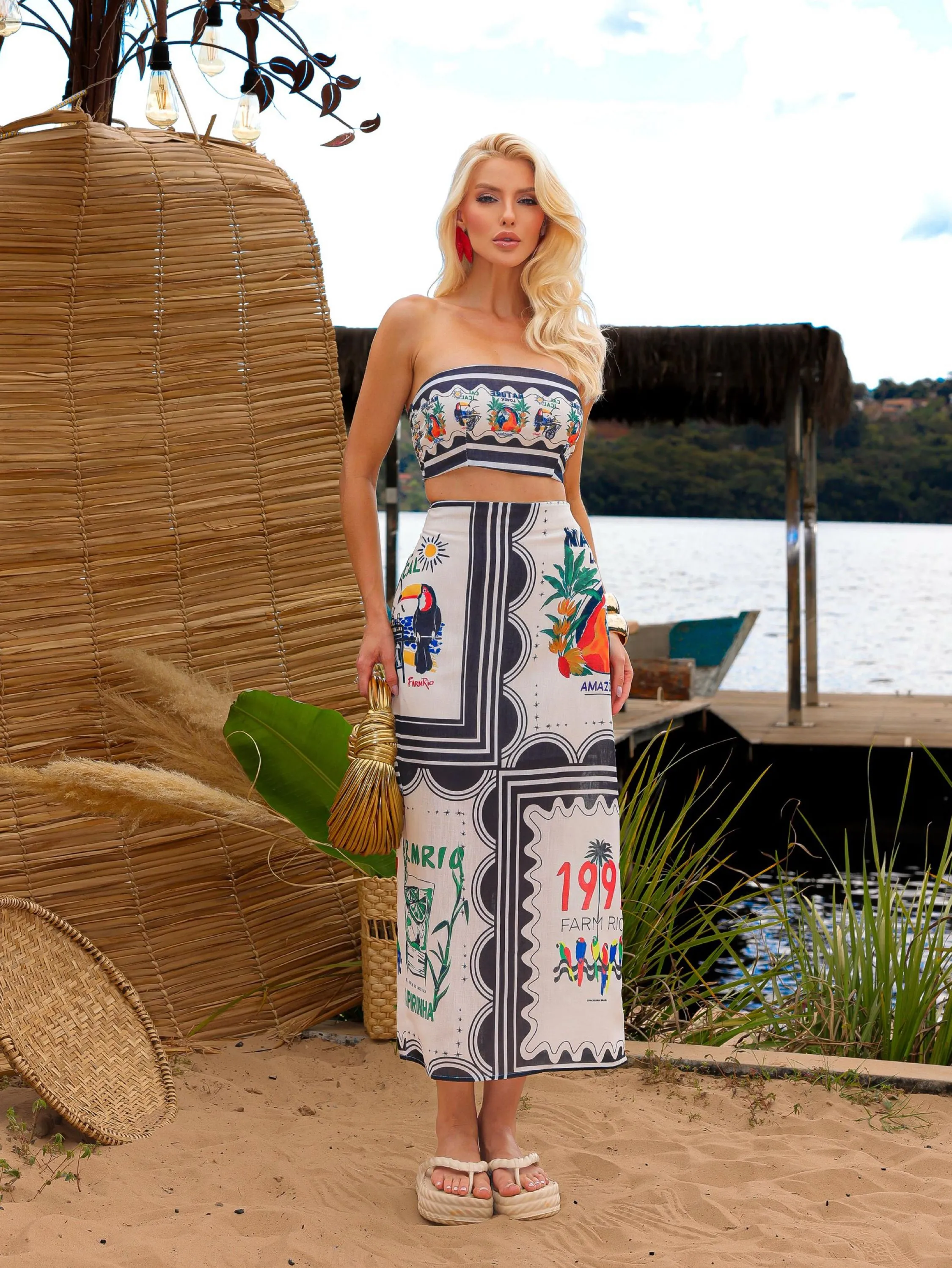 Conjunto estampado de linho/ Cropped com Saia YI1530