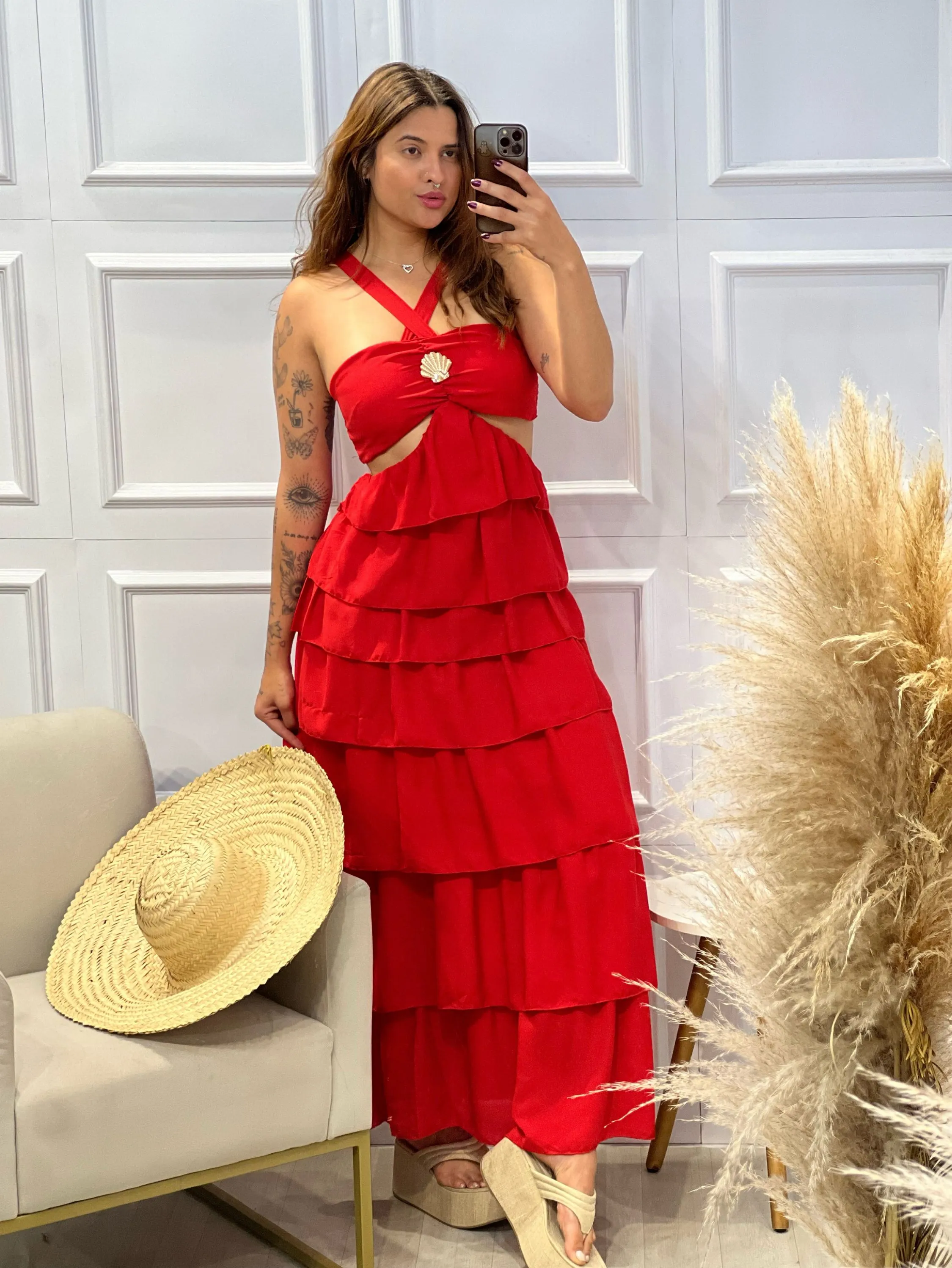 Vestido Longo De Babados e Abertura nas Costas YI1550