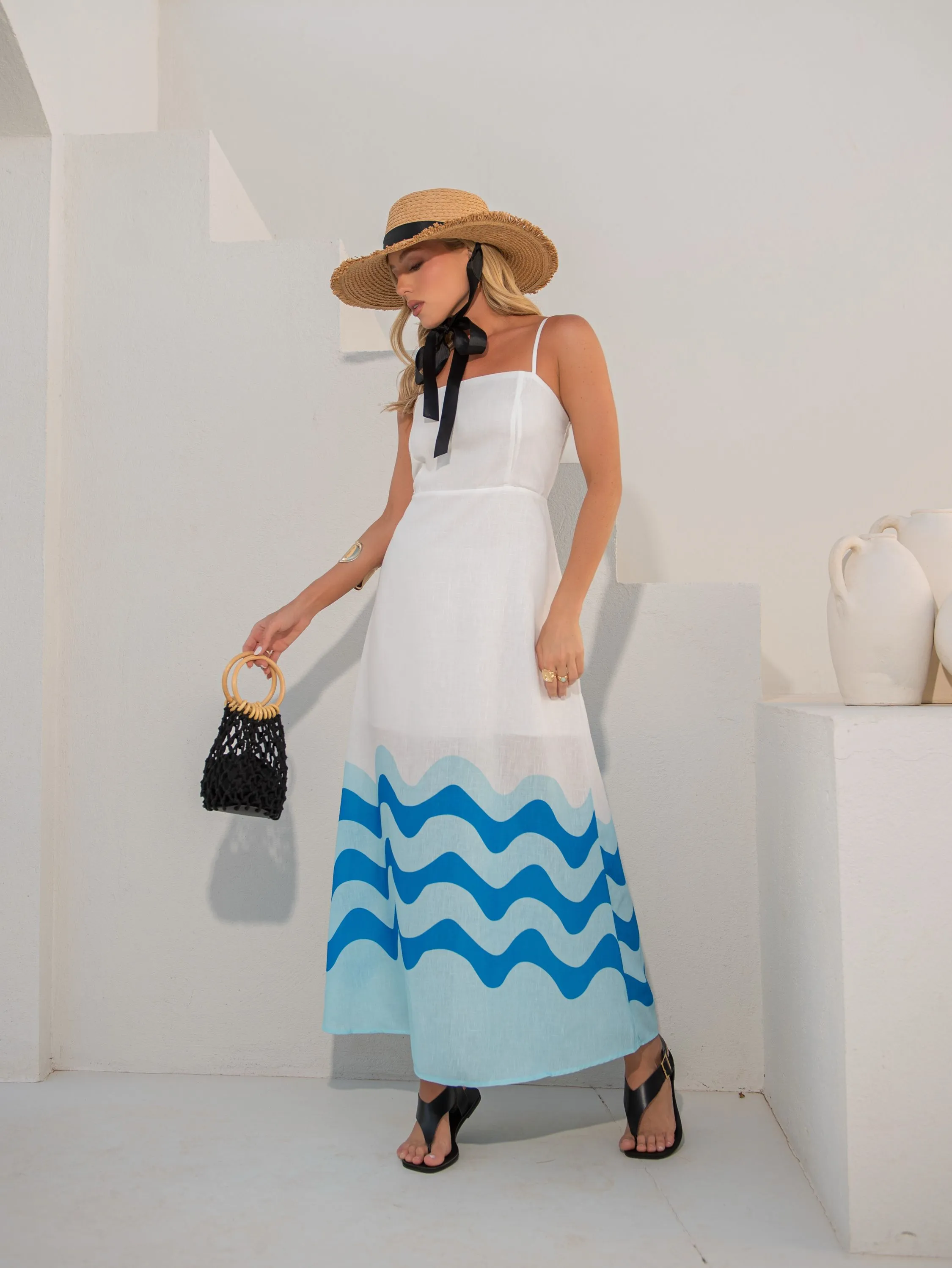 Vestido Longo de Linho/ Detalhe de Onda na Barra YI1575