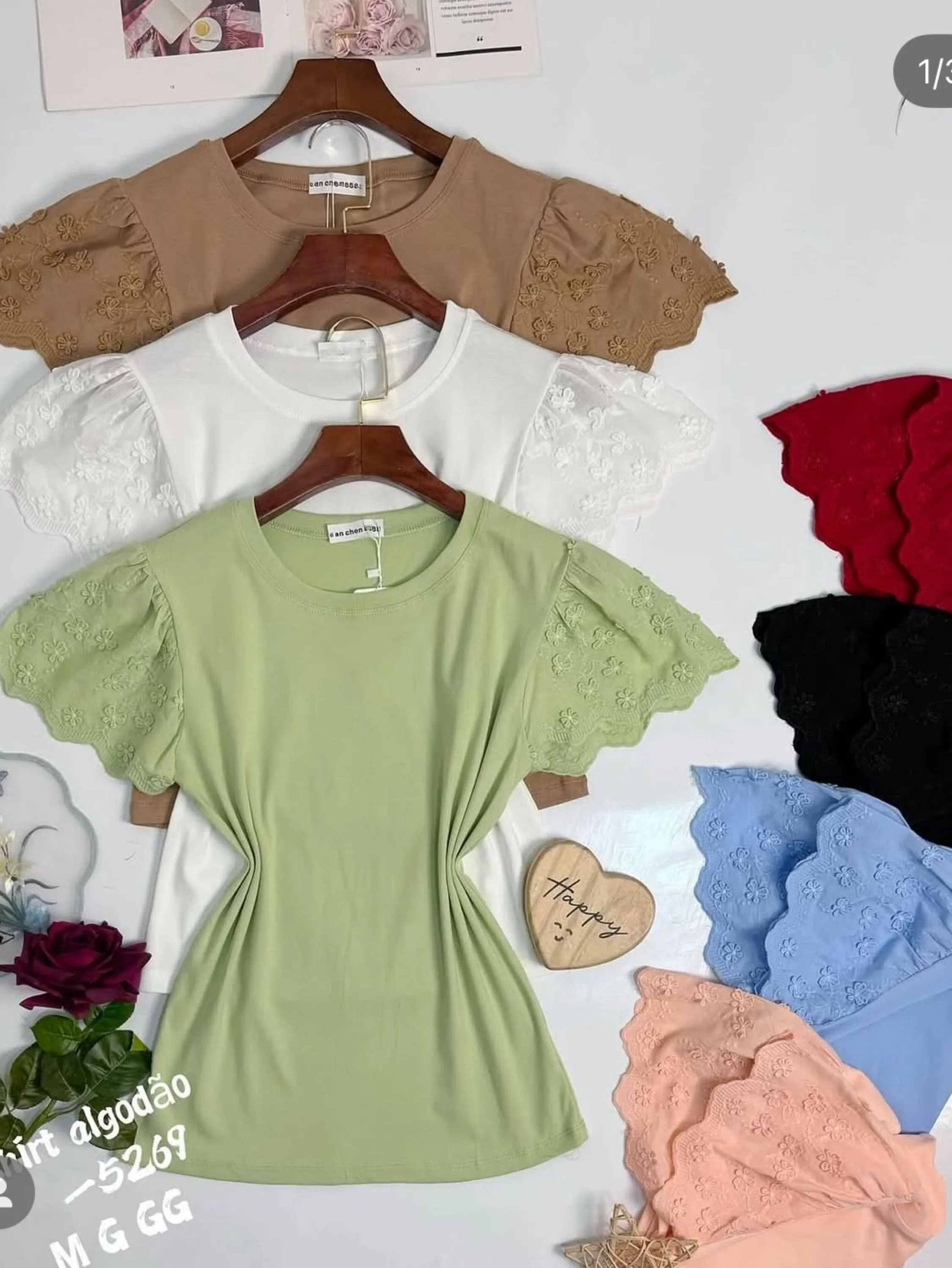 T shirt algodão manga bortado