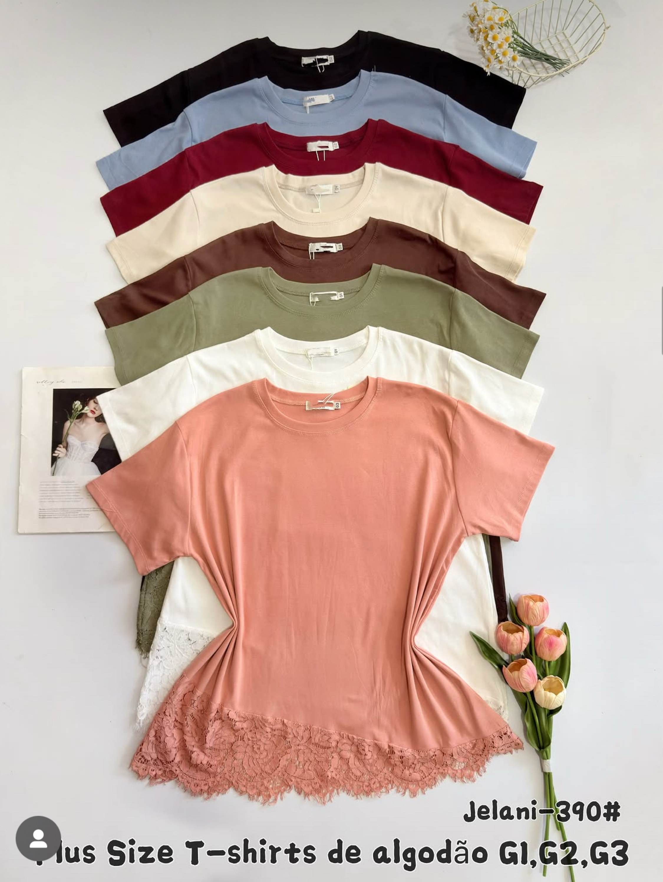 T shirt com renda plus size de algodão