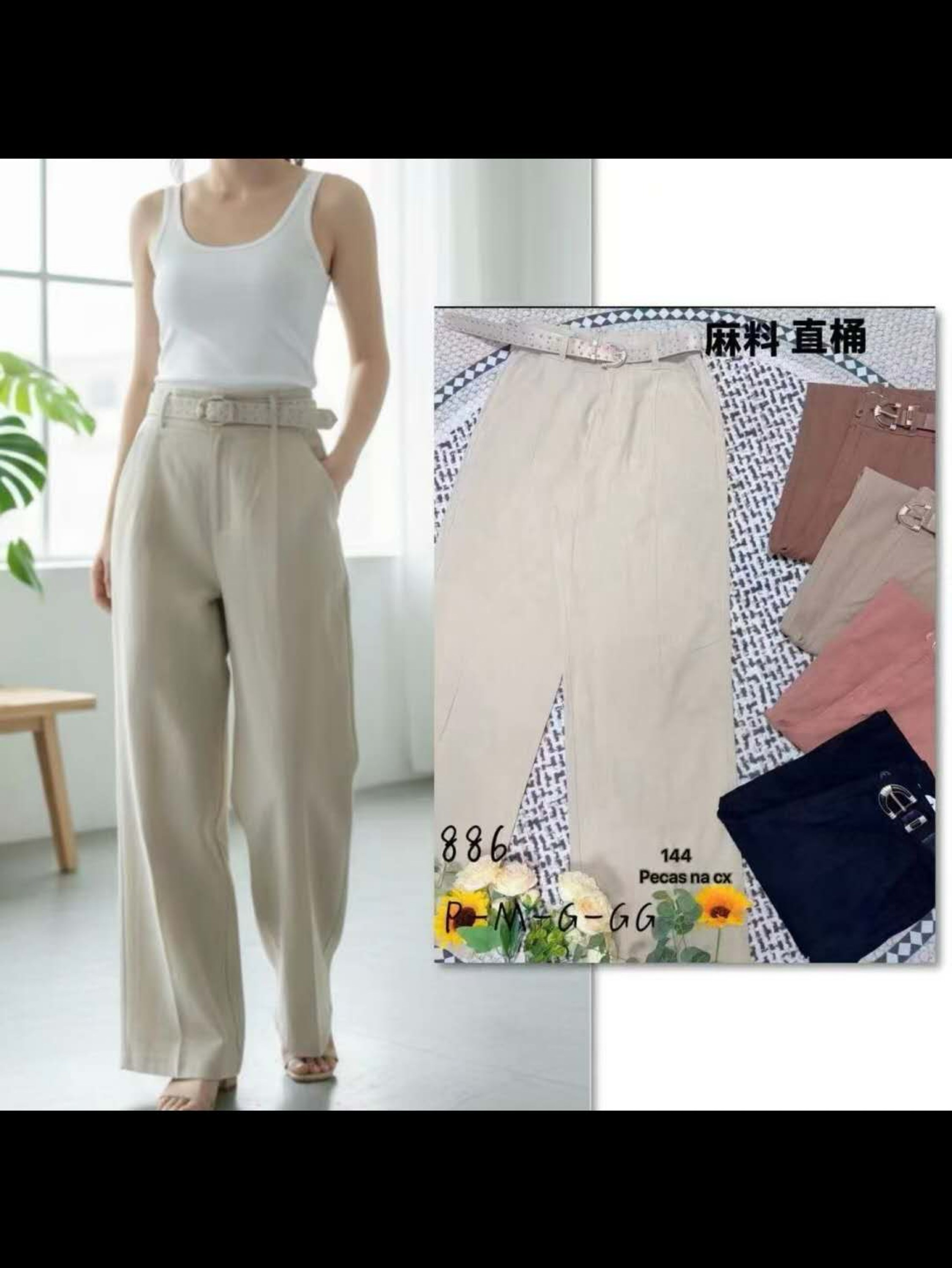 Calça legue pantalona de linho com cinto