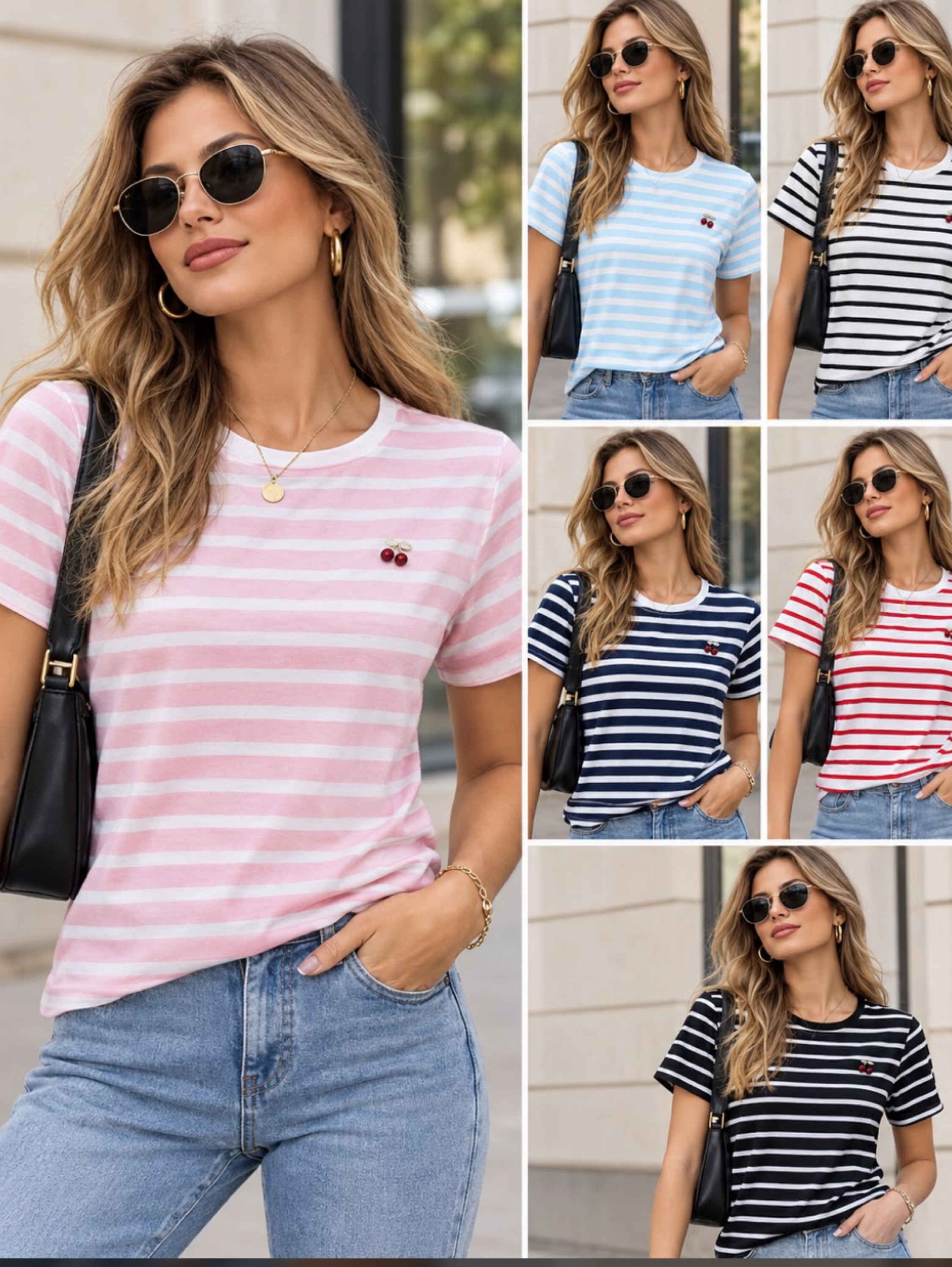 T shirt algodão listrado com cereja removel