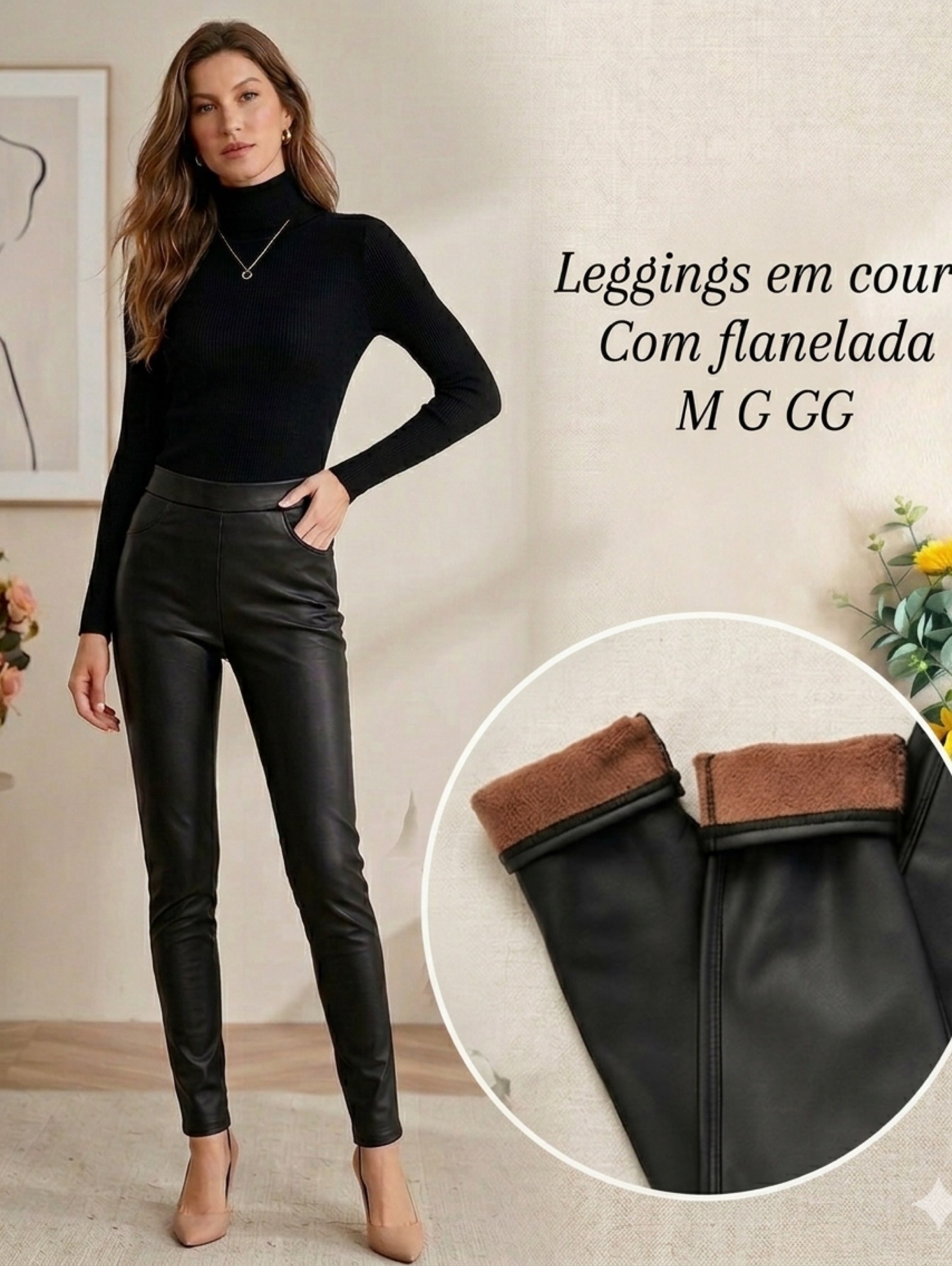 Calça legging couro PU grosso com flanelado