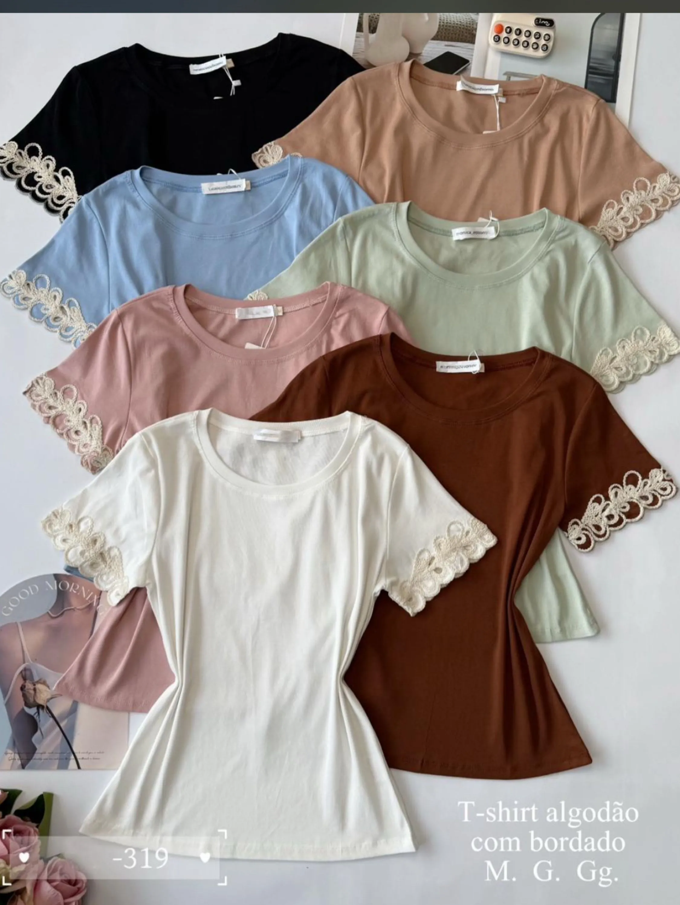 T shirt algodão manga bortado