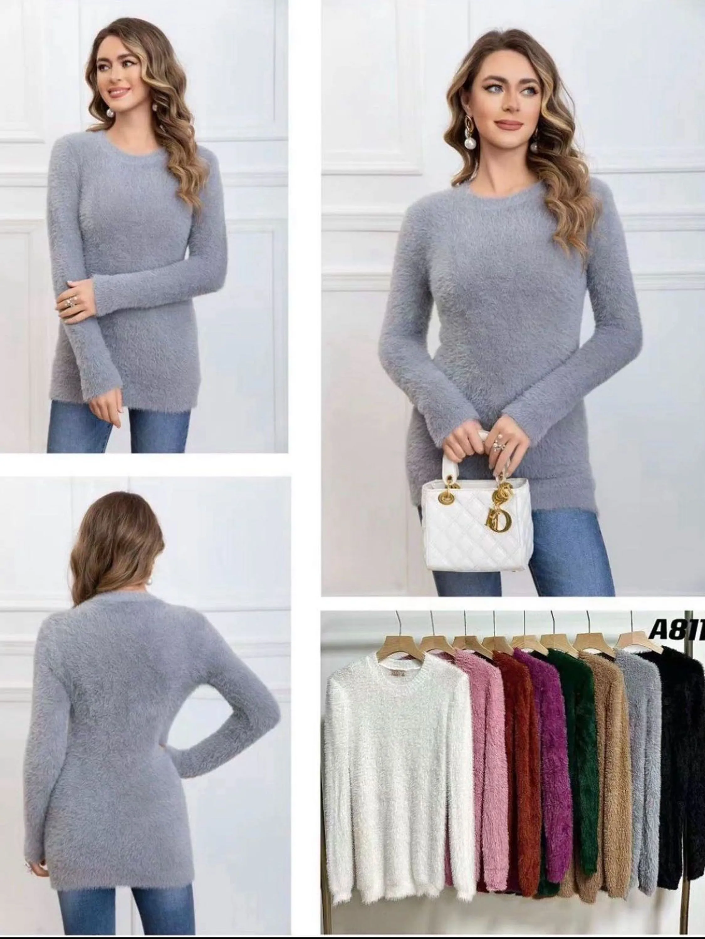 Blusa básica peluciado manga longa moda feminina