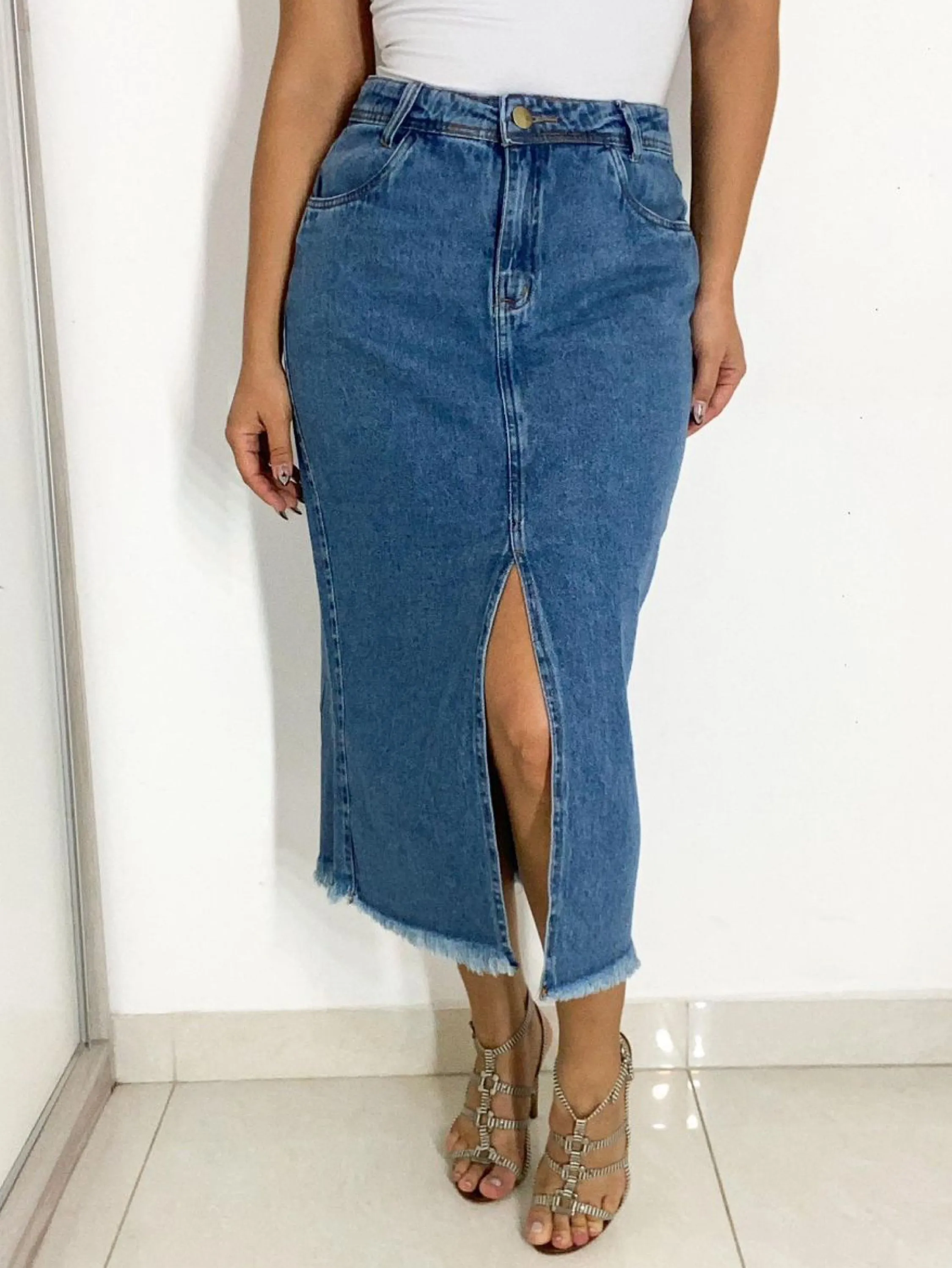 Saia Jeans Longa com Fenda