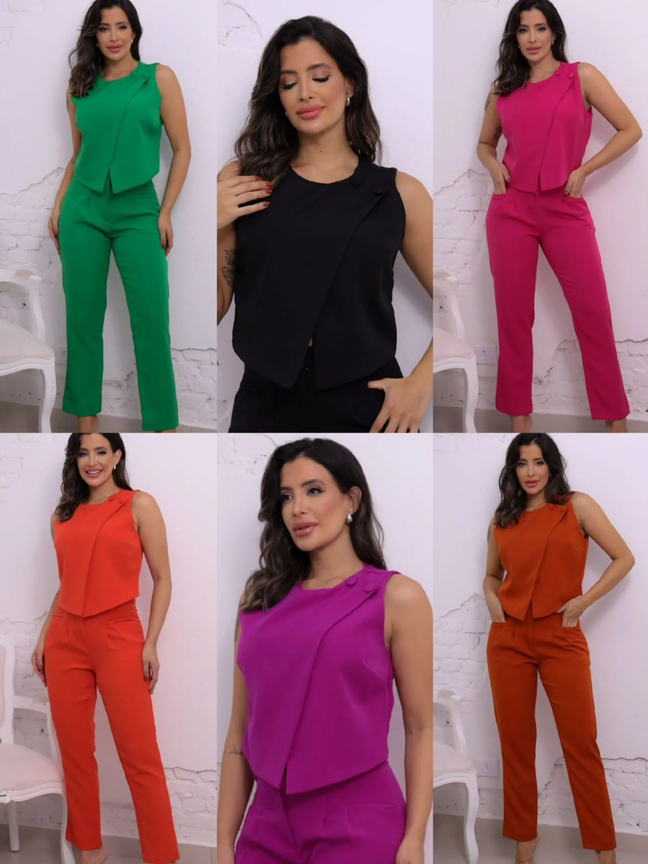 Conjunto blusa sem manga com calça reta