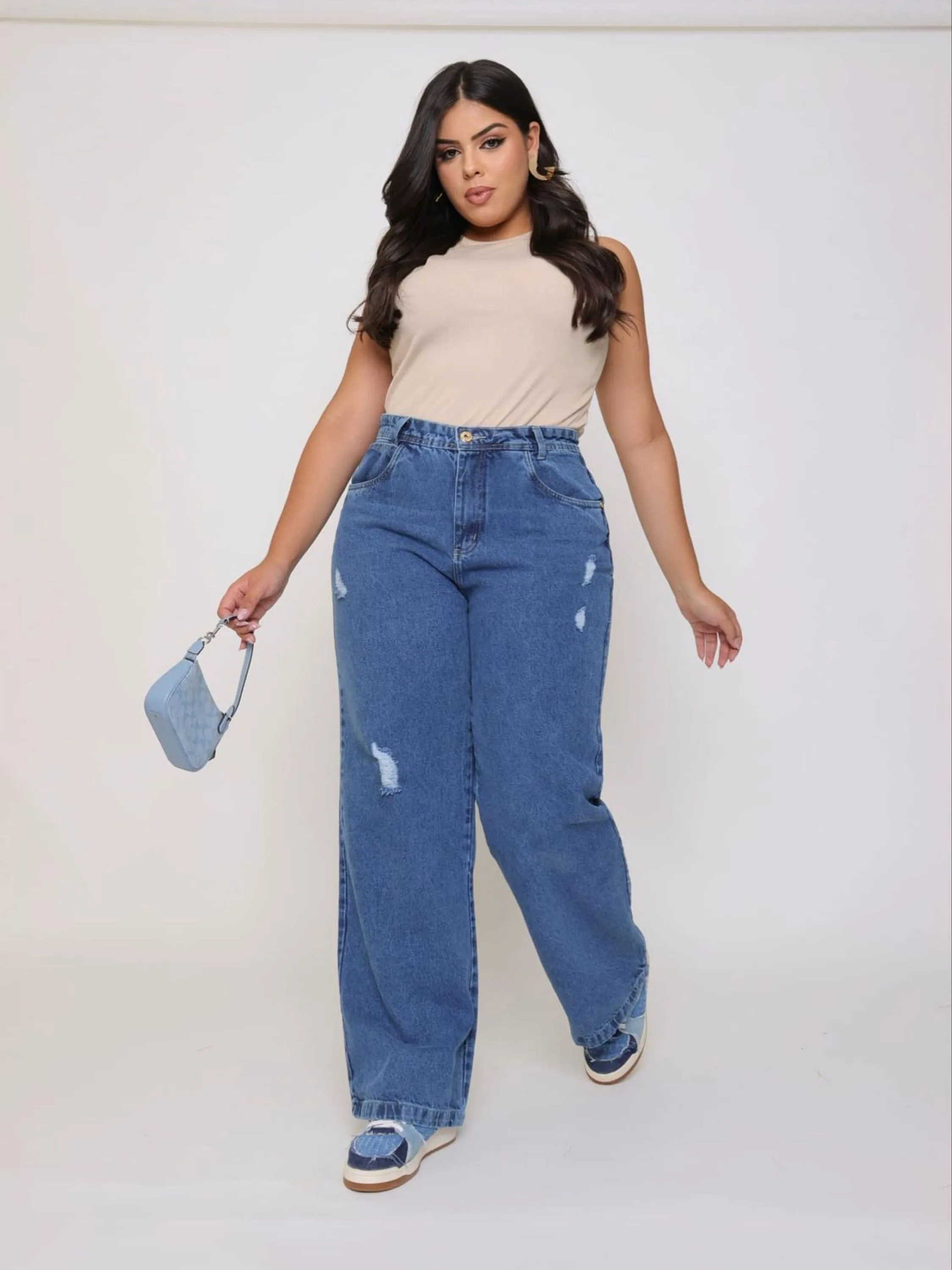 Calça jeans wide leg plus size