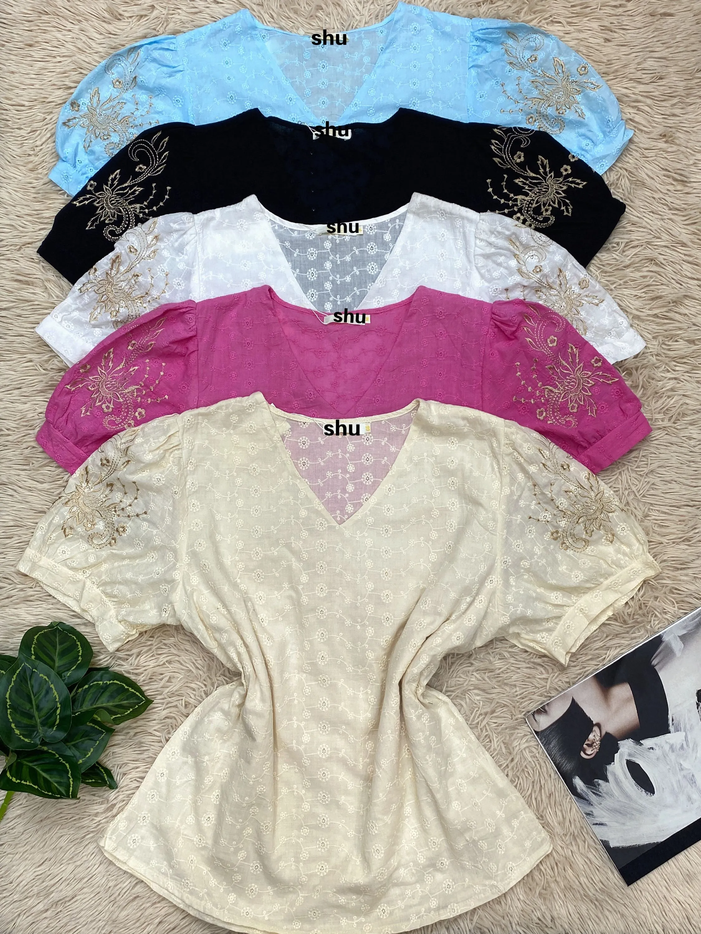 blusa de laise manga curta com bordado shu loja