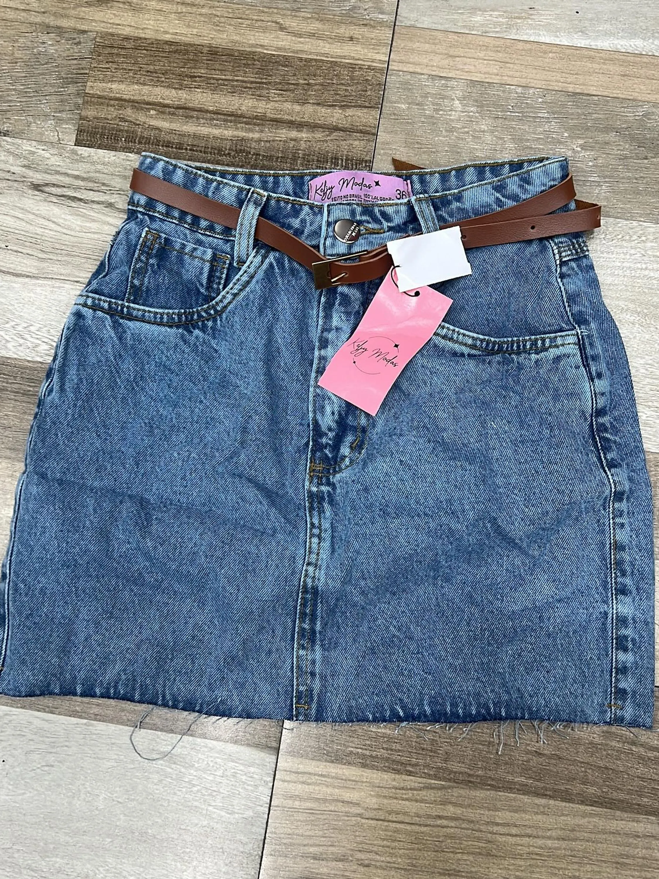 Saia Jeans Feminina Cinto Marrom