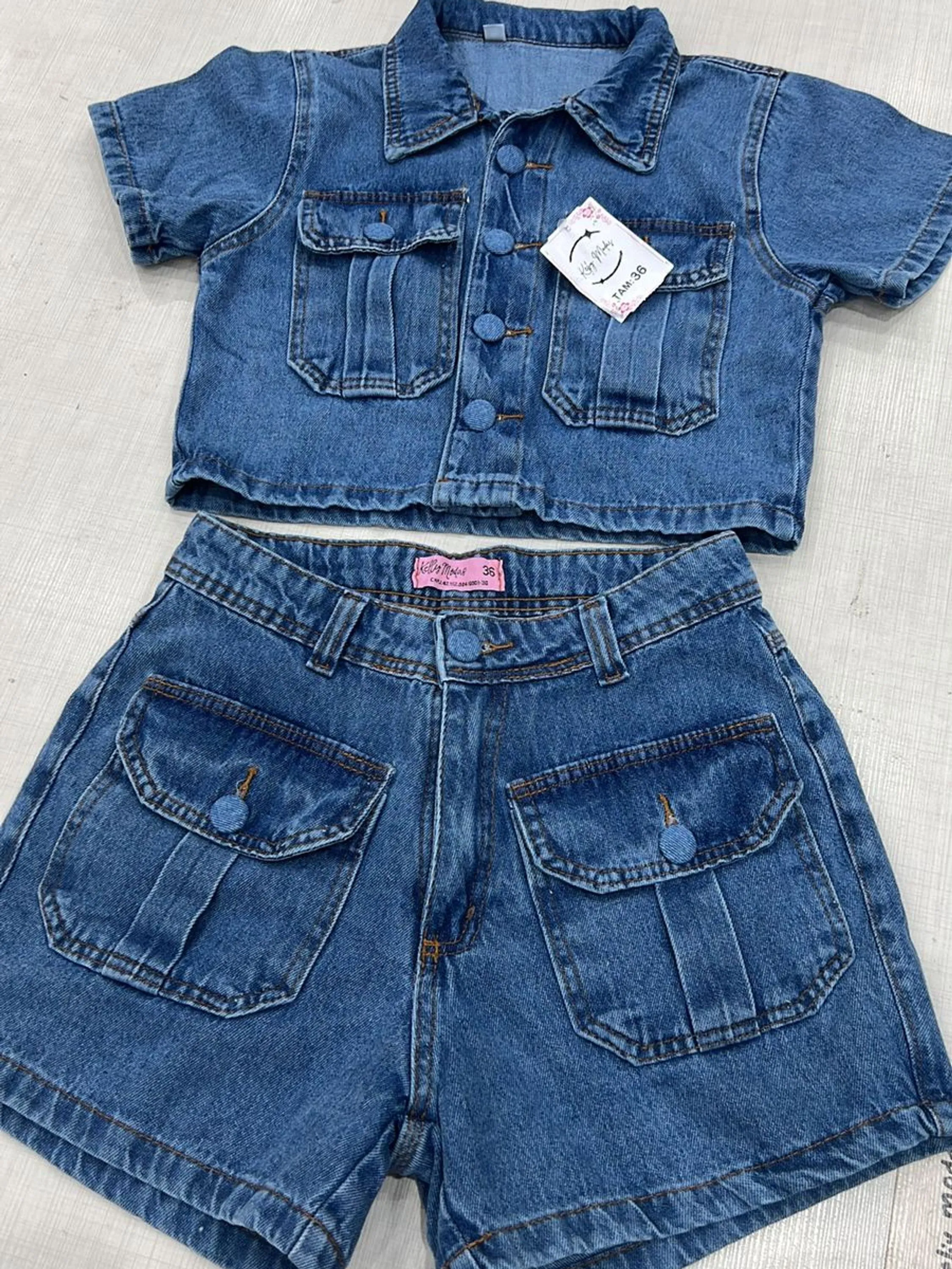 Conjunto Jeans Feminina Manga Curto Short