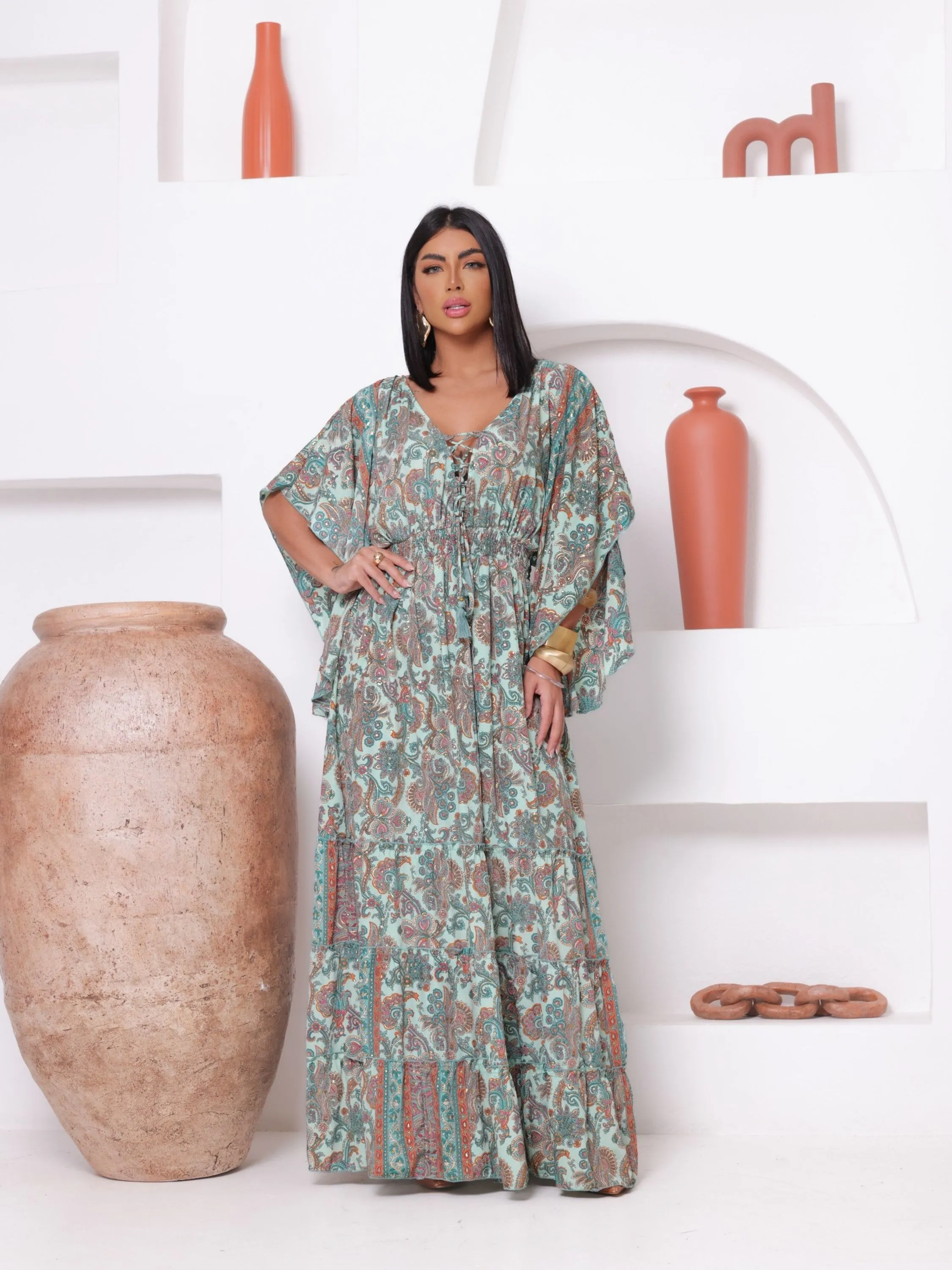 Vestido indiano Manga morcego de Seda longo