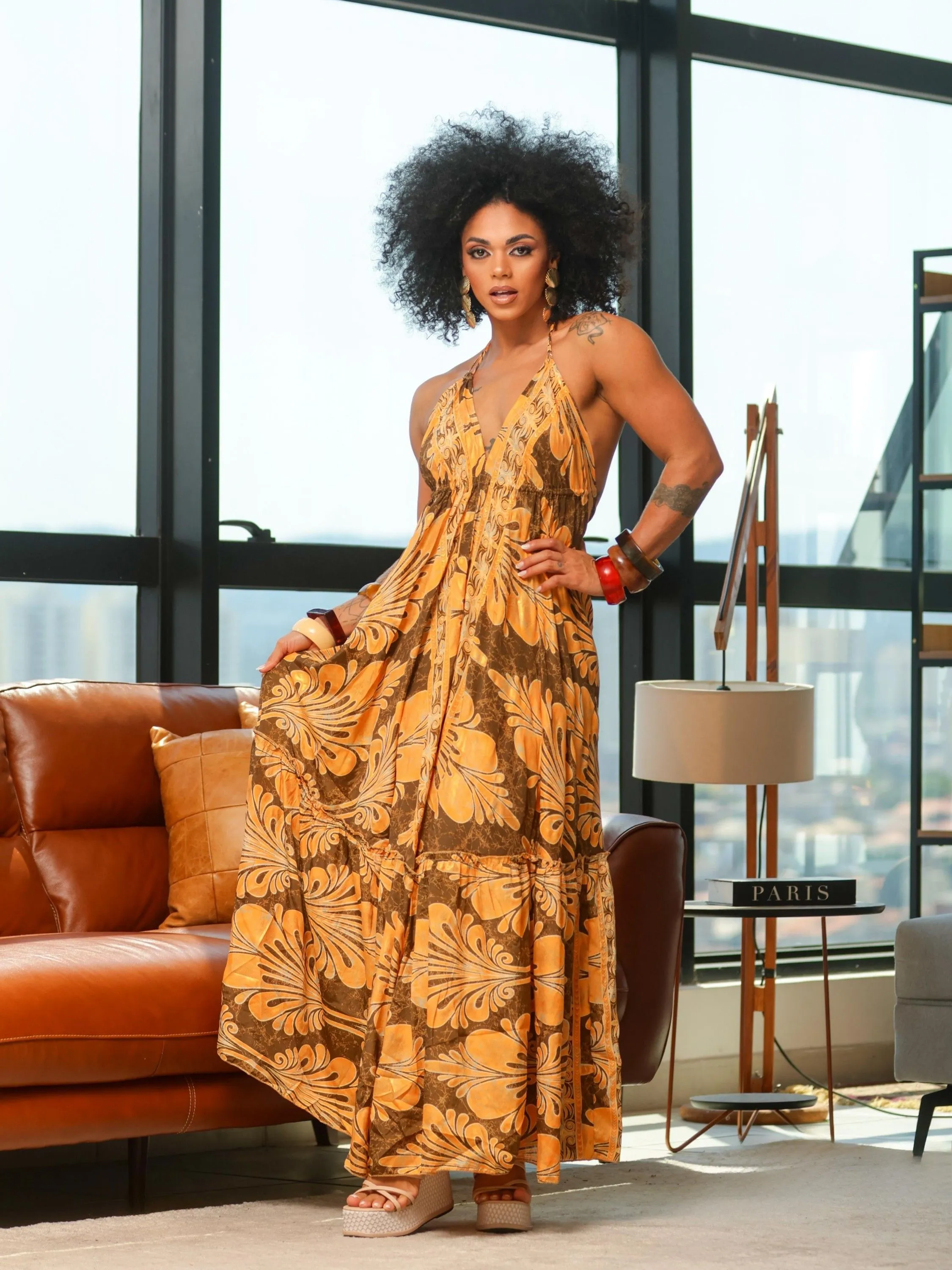 Vestido de Seda Costa Nua Indiano Lenço