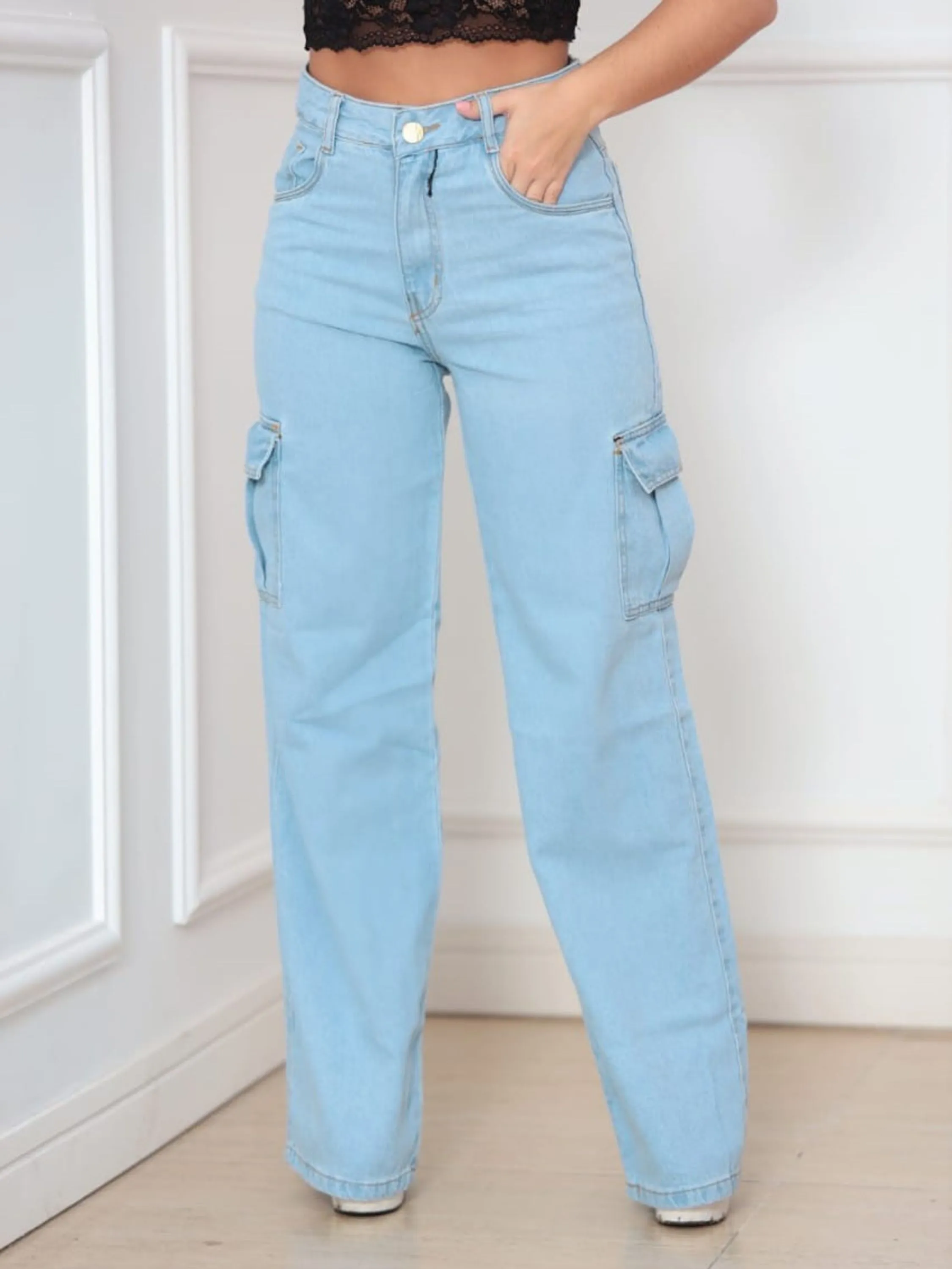 Calça Wide leg cargo jeans pantalona feminina