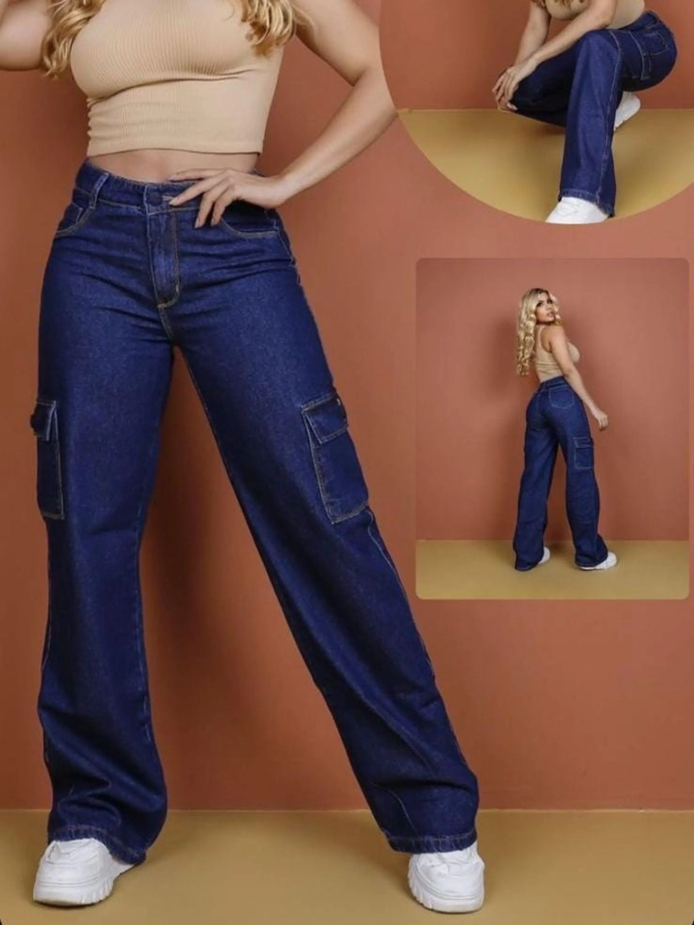 Calça cargo wide leg jeans pantalona feminina wissam jeans