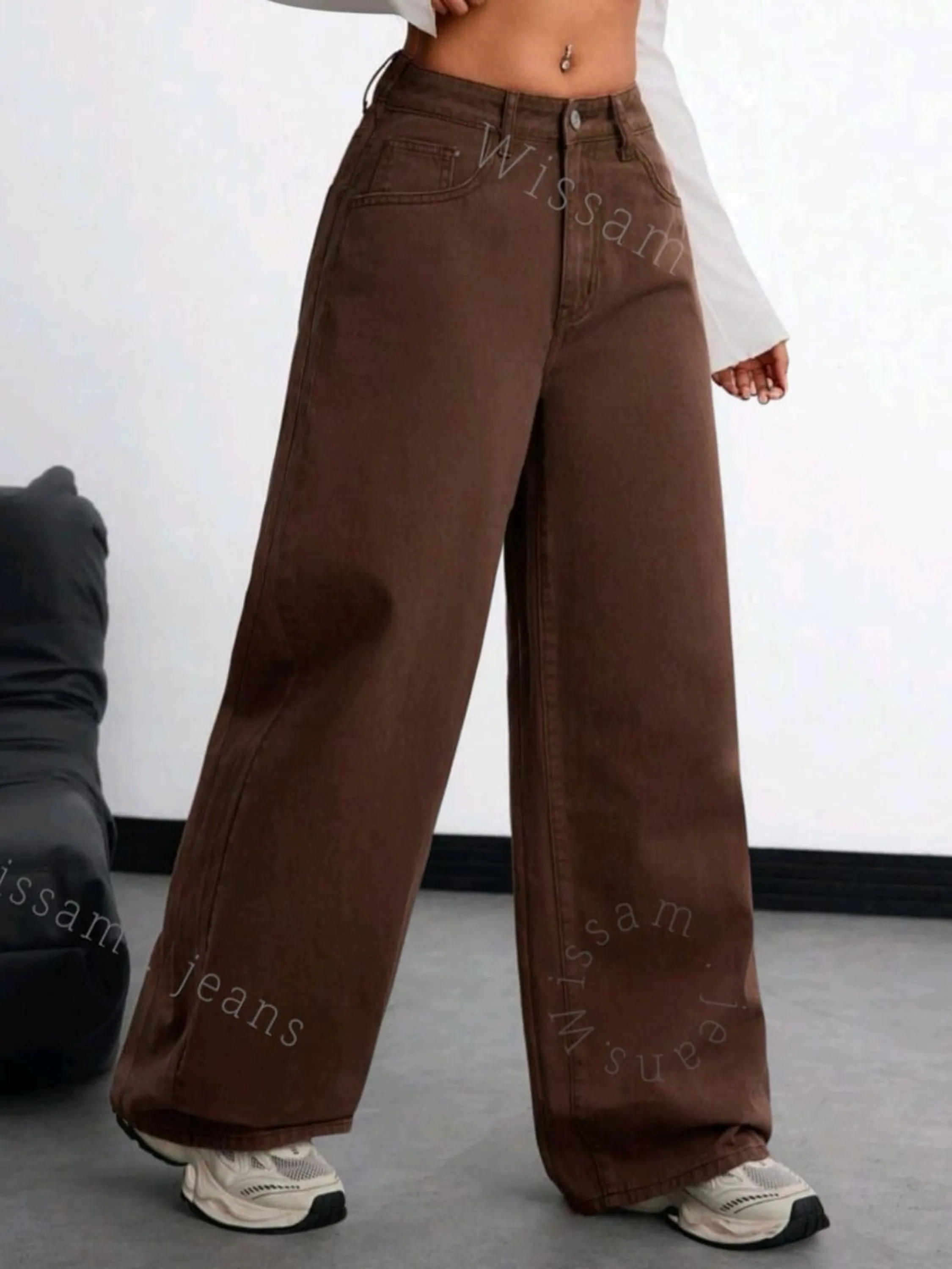 Wide leg marrom jeans pantalona feminina