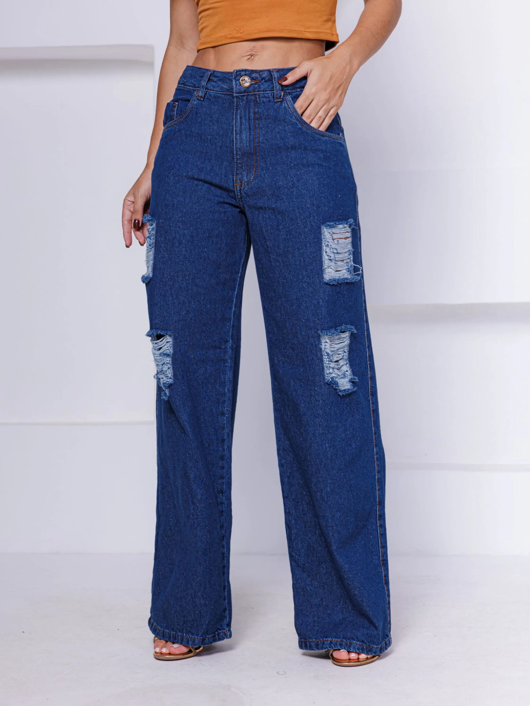 CALÇA WIDE LEG RASGADA CLARA / CALÇA PANTALONA RASGADA