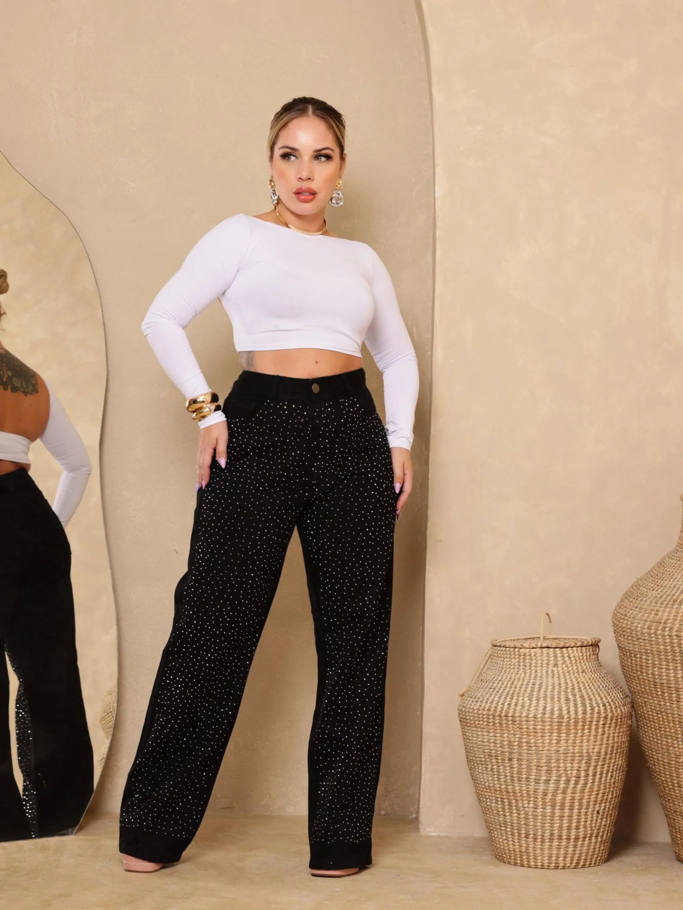 CALÇA WIDE LEG PLUS SIZE DE BRILHO STRASS