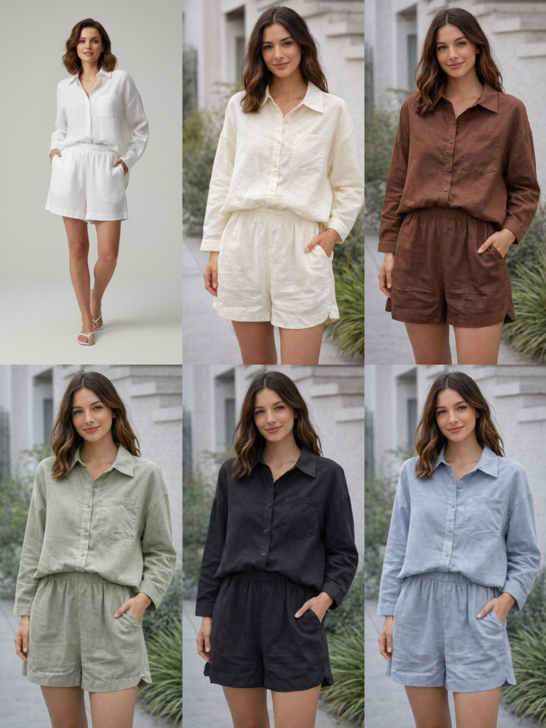 Conjunto Feminino Social Camisa Manga Longa E Short Linho