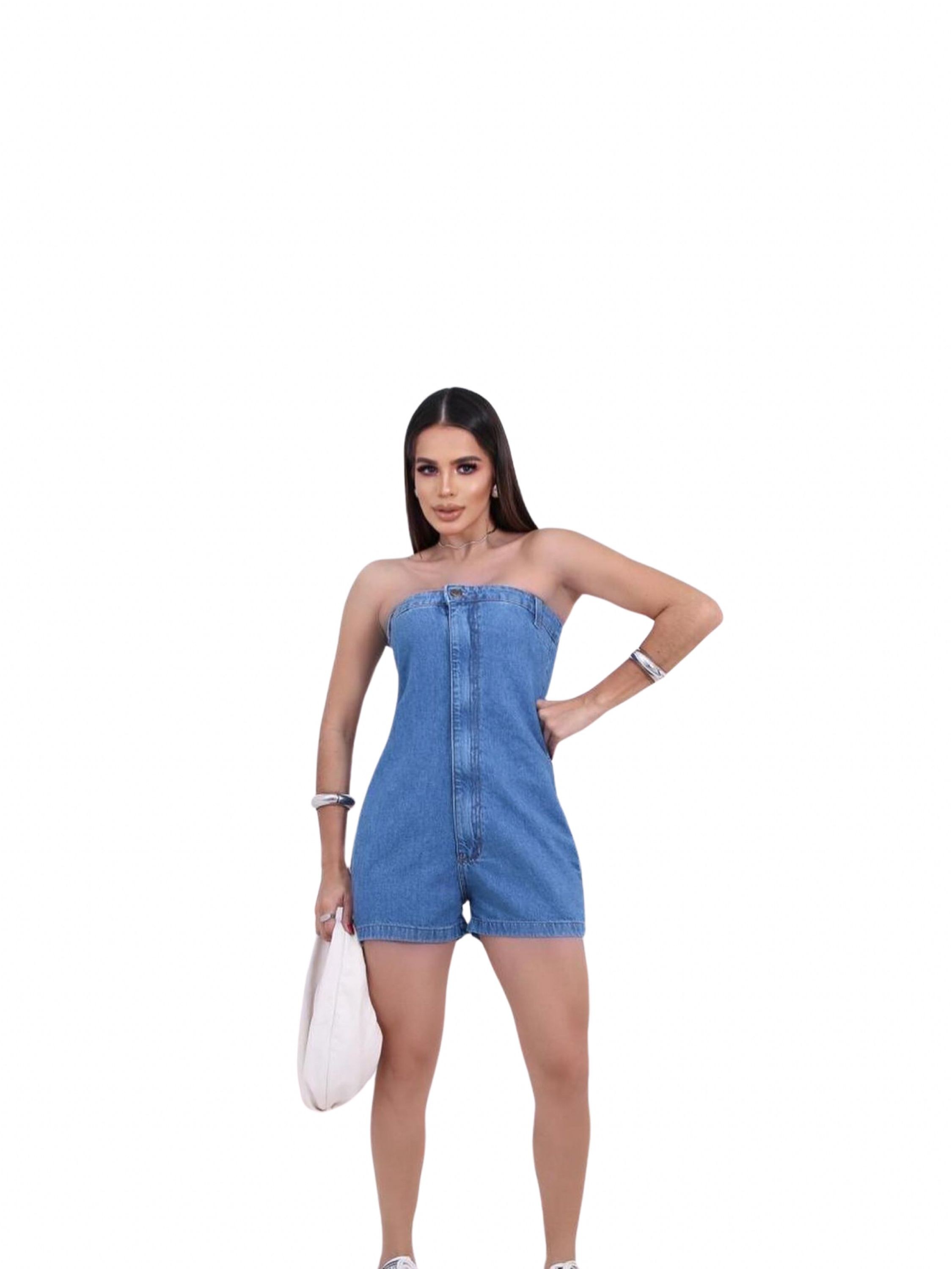 Macaquinho jeans feminino tomara que caia lançamento