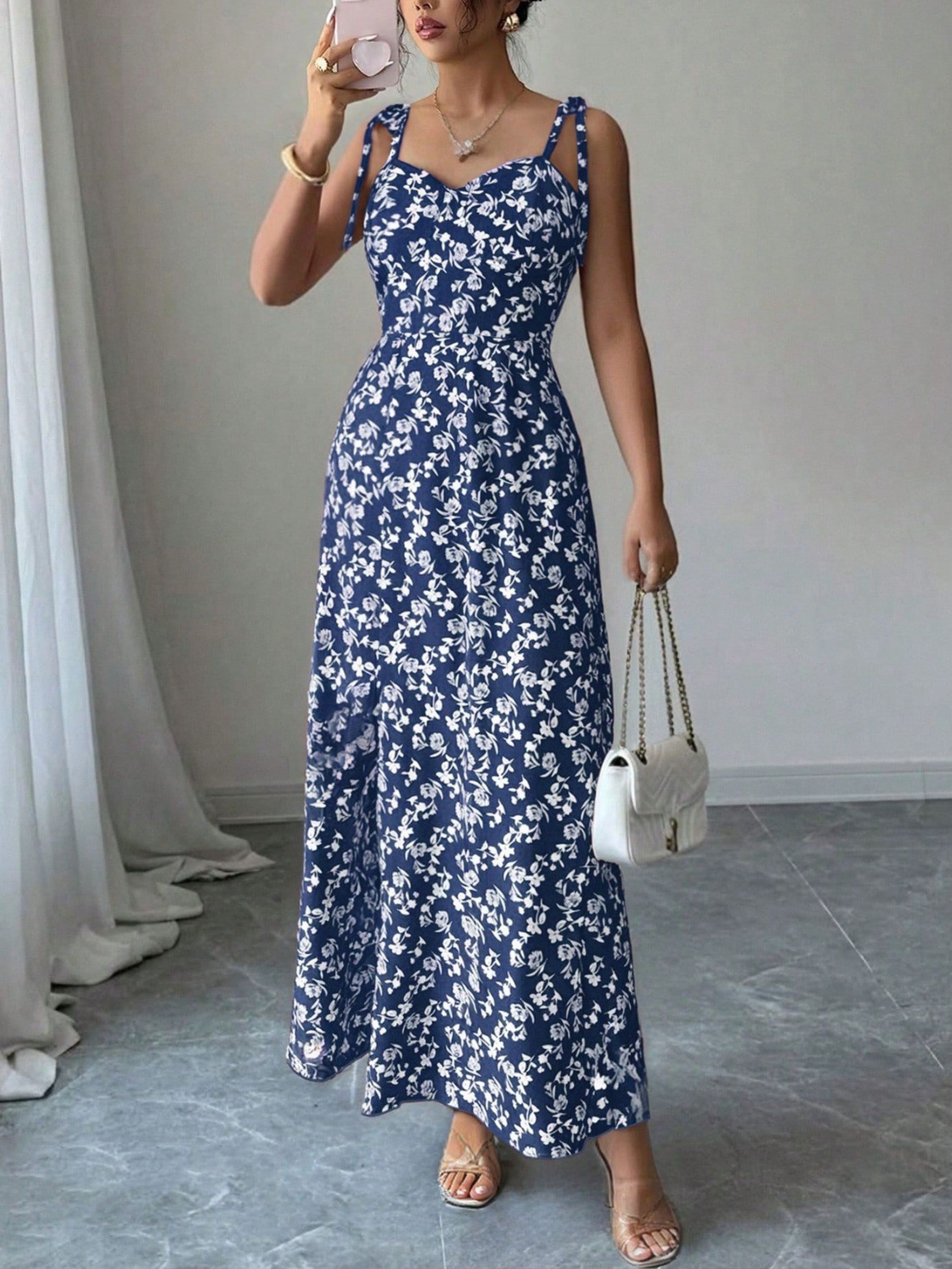 Vestido Floral Longo de Alça com Fenda F2025-03