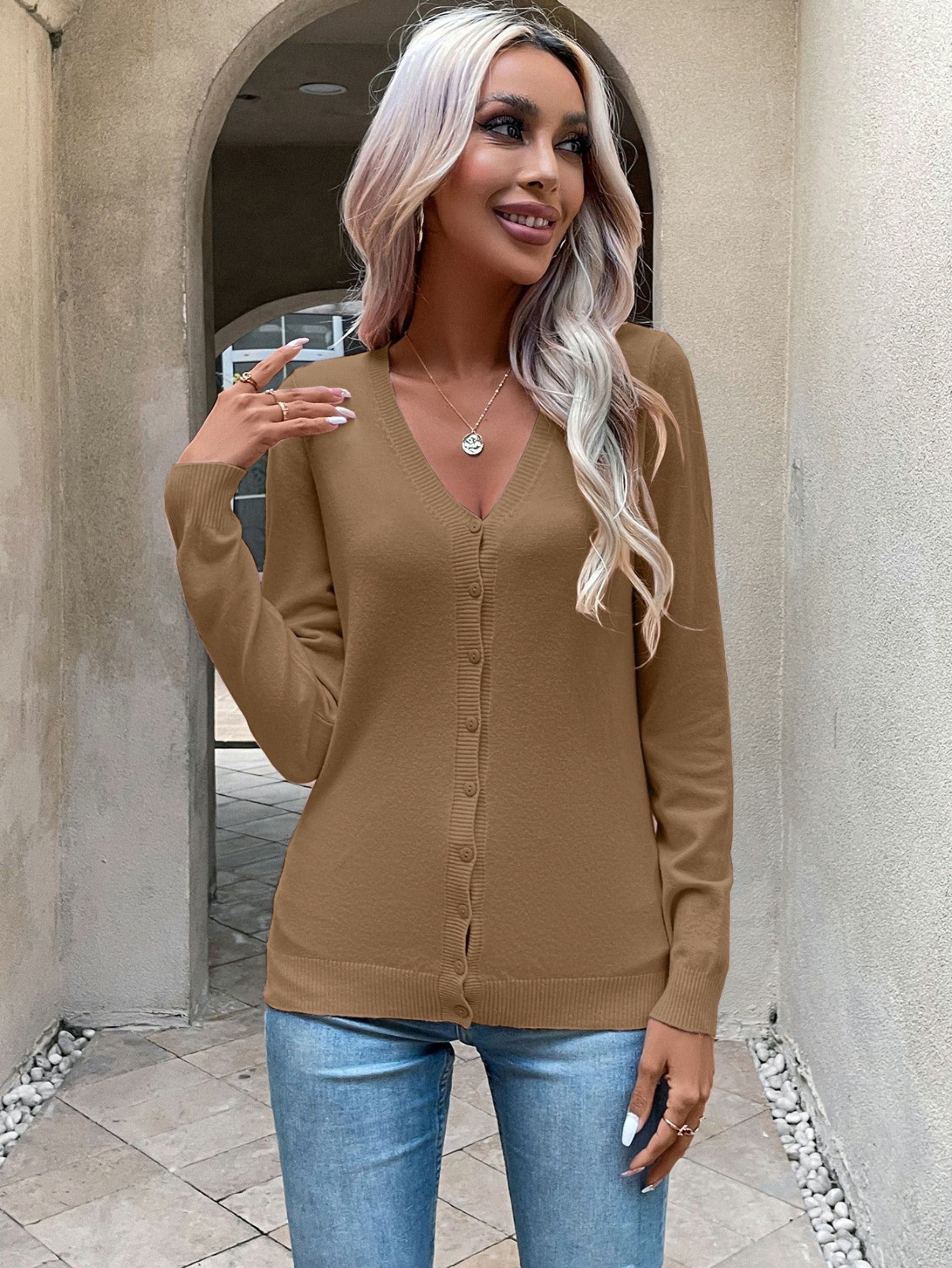 Blusa cardigan malha Tricôt com botões manga longa gola V M792