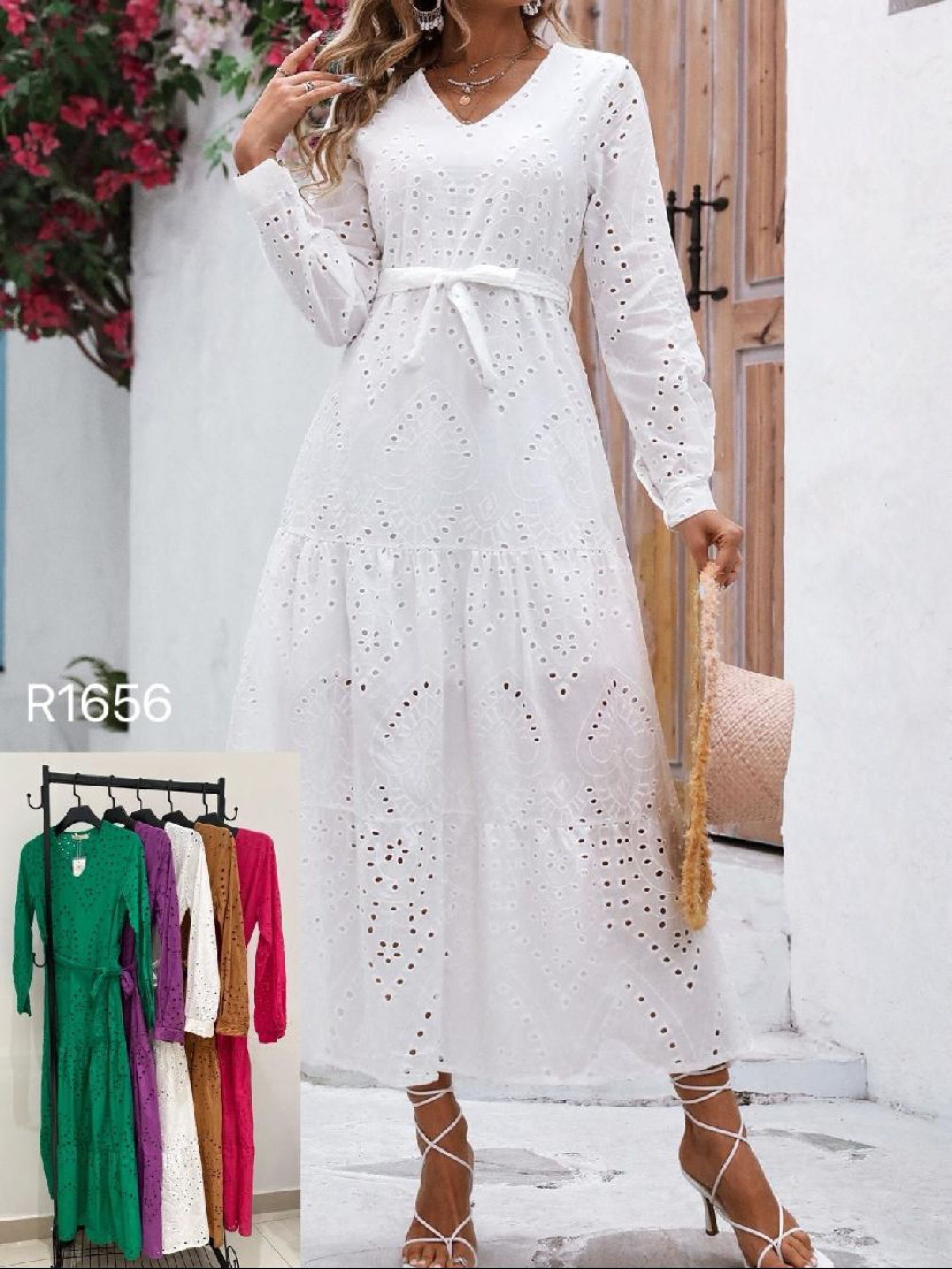 Vestido lese longo importado forrado manga longa com laço amarração R1656