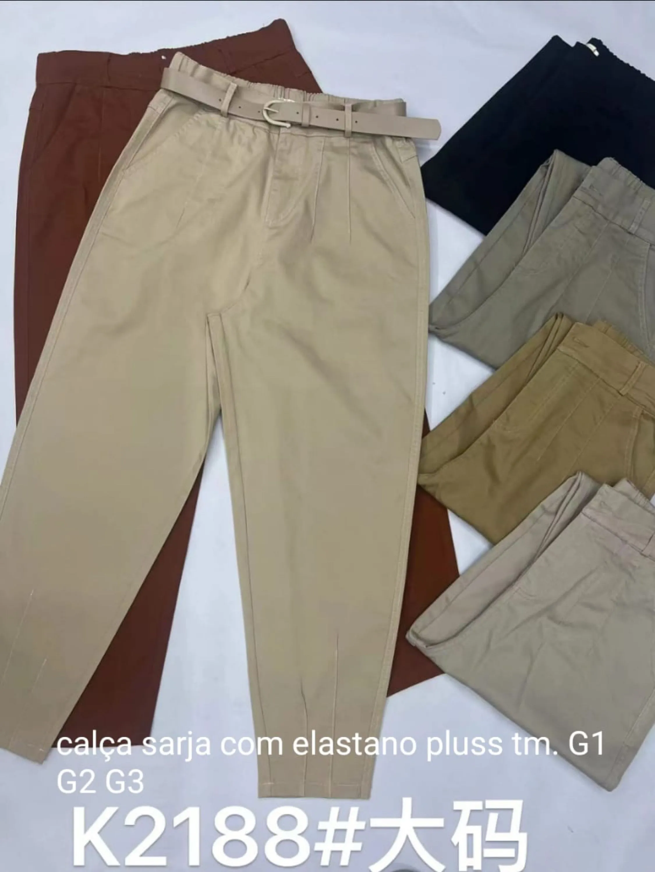 Calça sarja plus size feminina algodão com elastano elástico na cintura modelo com cinto K2188