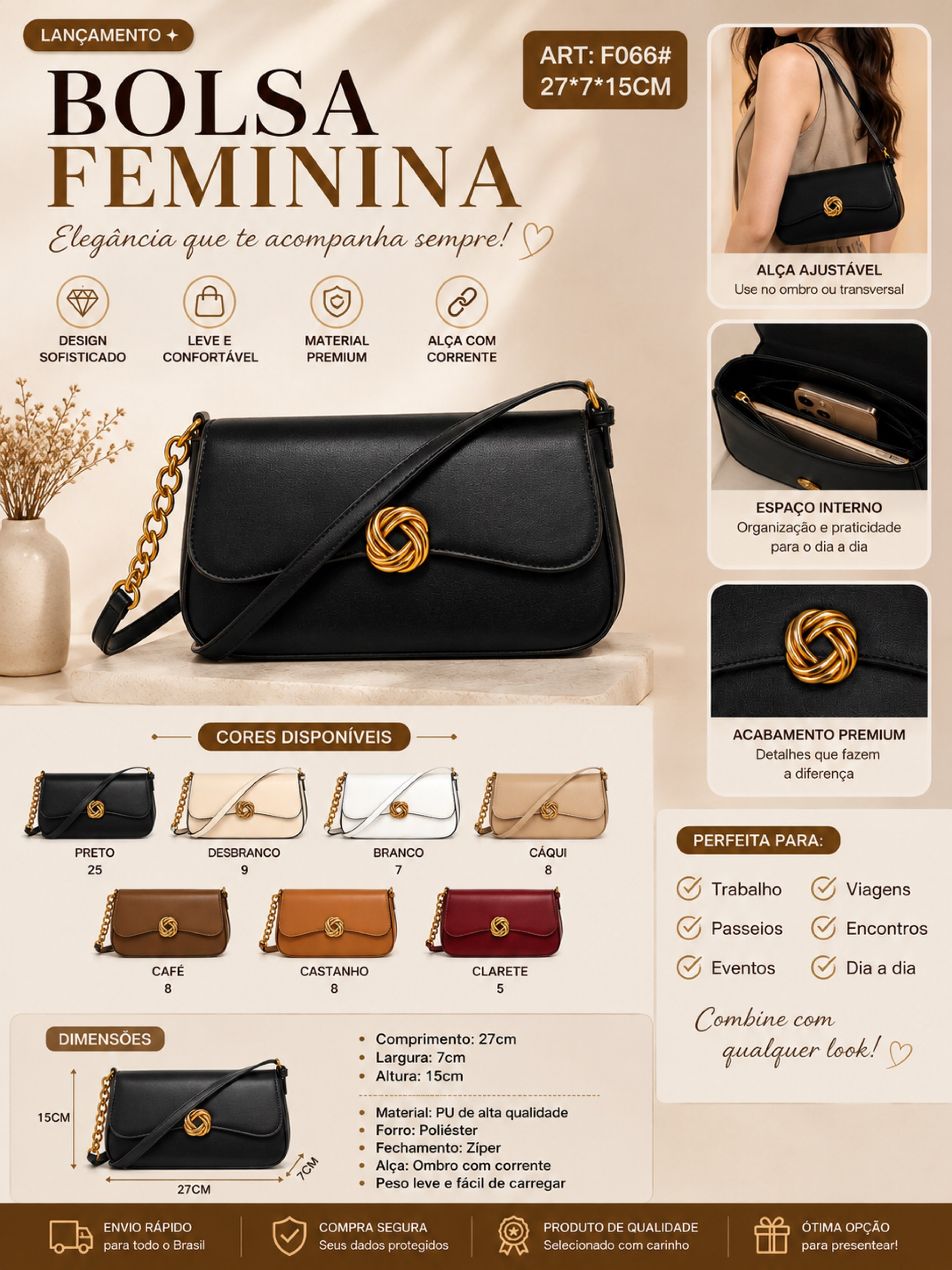 Bolsa Feminina Elegante de Ombro com Corrente Dourada F066